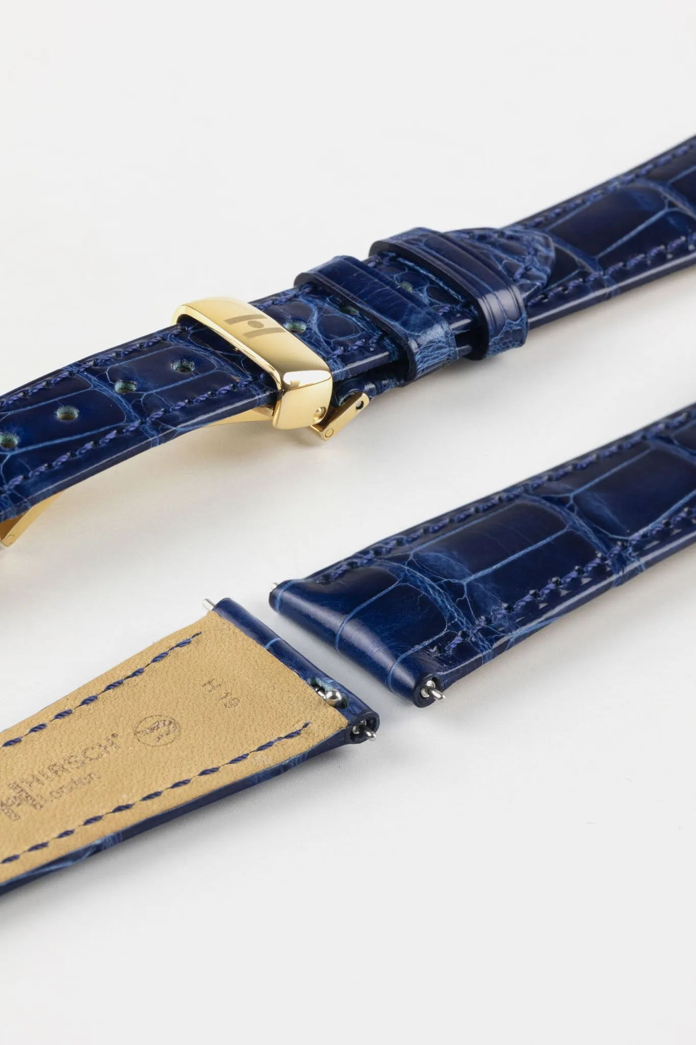 Hirsch LONDON Shiny Alligator Leather Watch Strap in BLUE