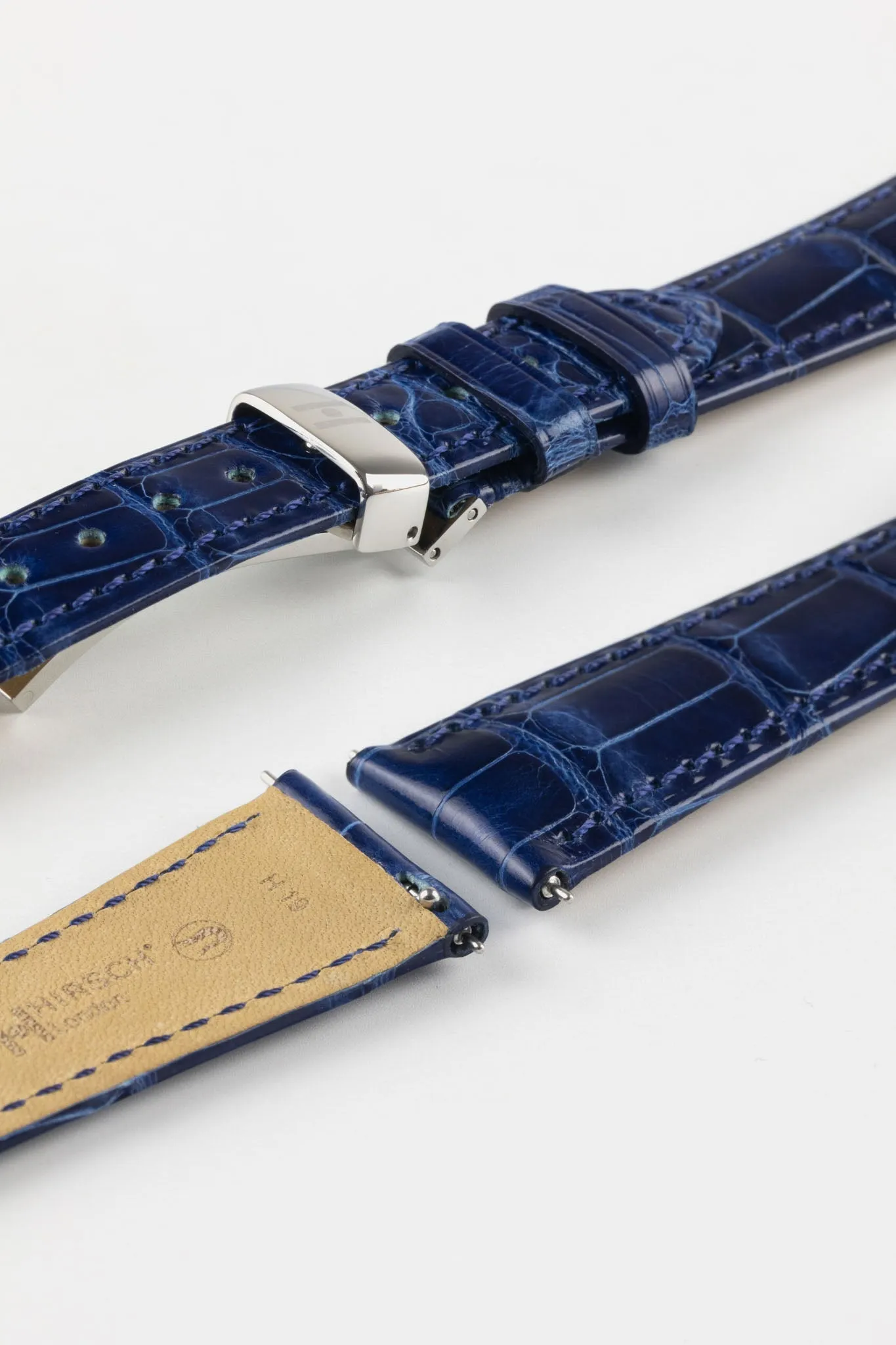 Hirsch LONDON Shiny Alligator Leather Watch Strap in BLUE