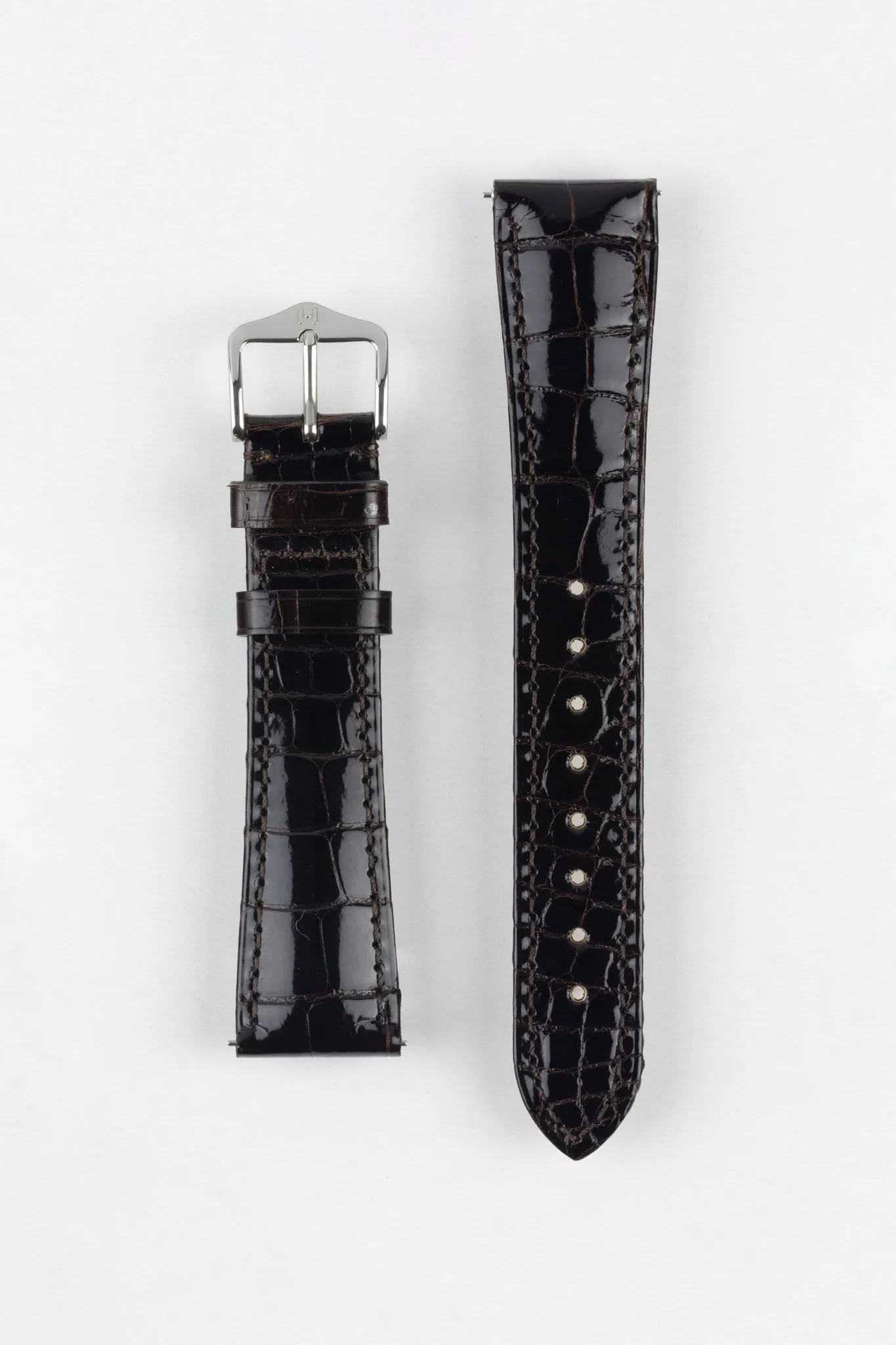 Hirsch LONDON Shiny Alligator Leather Watch Strap in BROWN