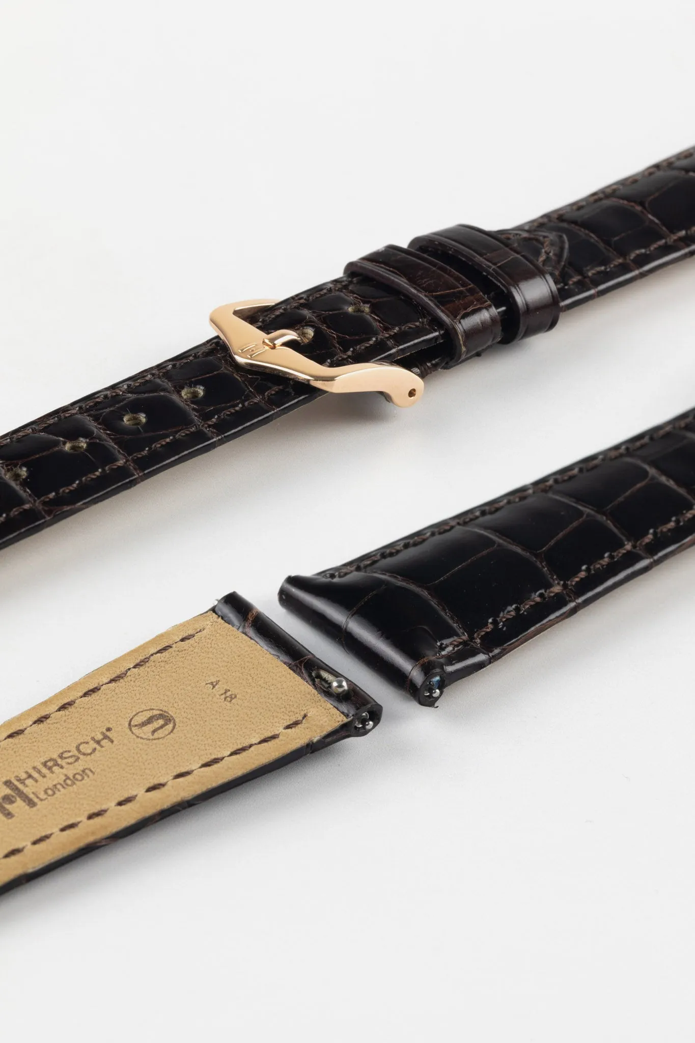 Hirsch LONDON Shiny Alligator Leather Watch Strap in BROWN