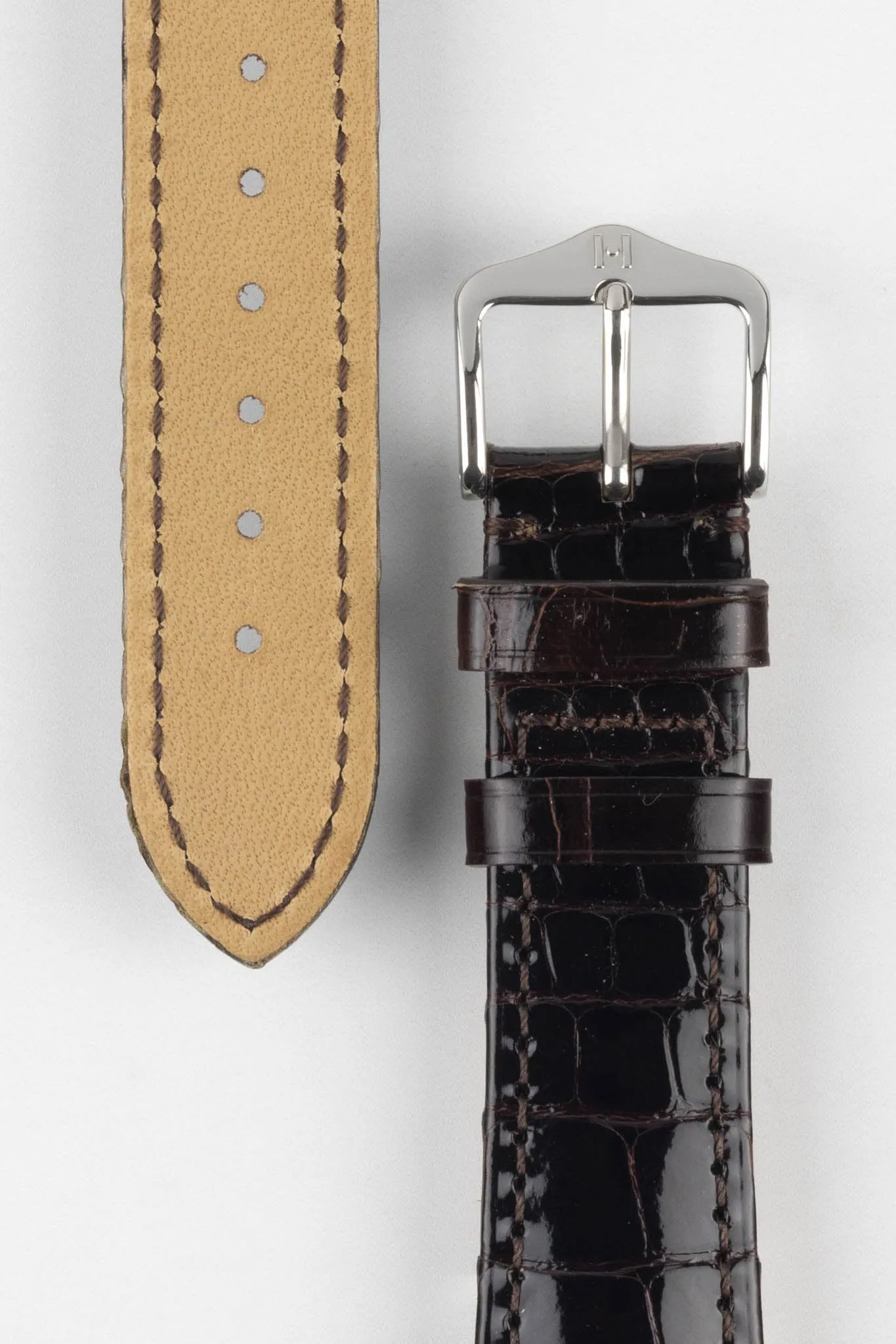 Hirsch LONDON Shiny Alligator Leather Watch Strap in BROWN