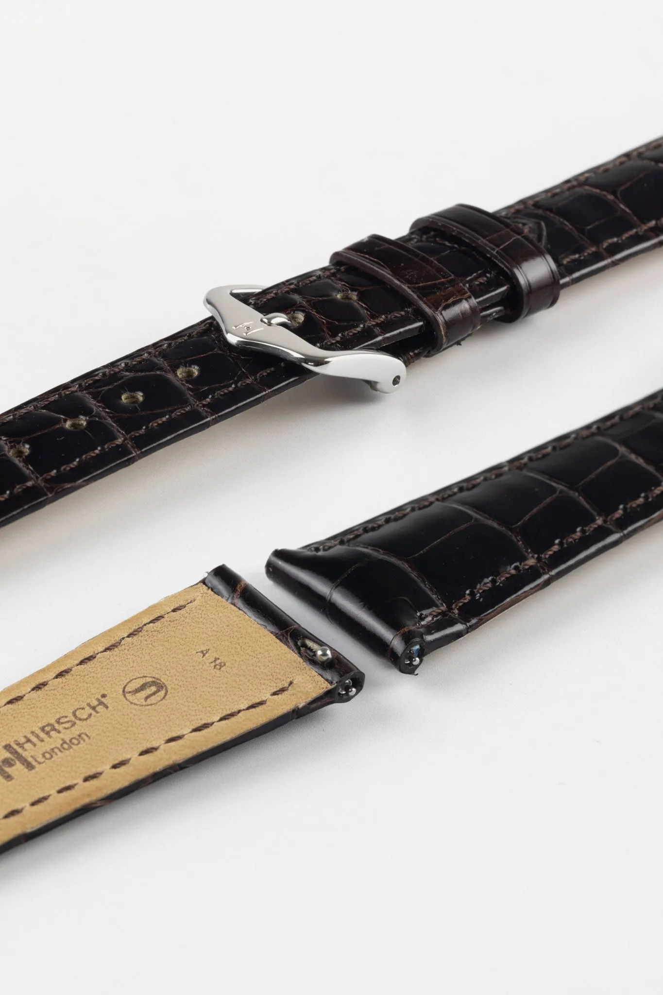 Hirsch LONDON Shiny Alligator Leather Watch Strap in BROWN