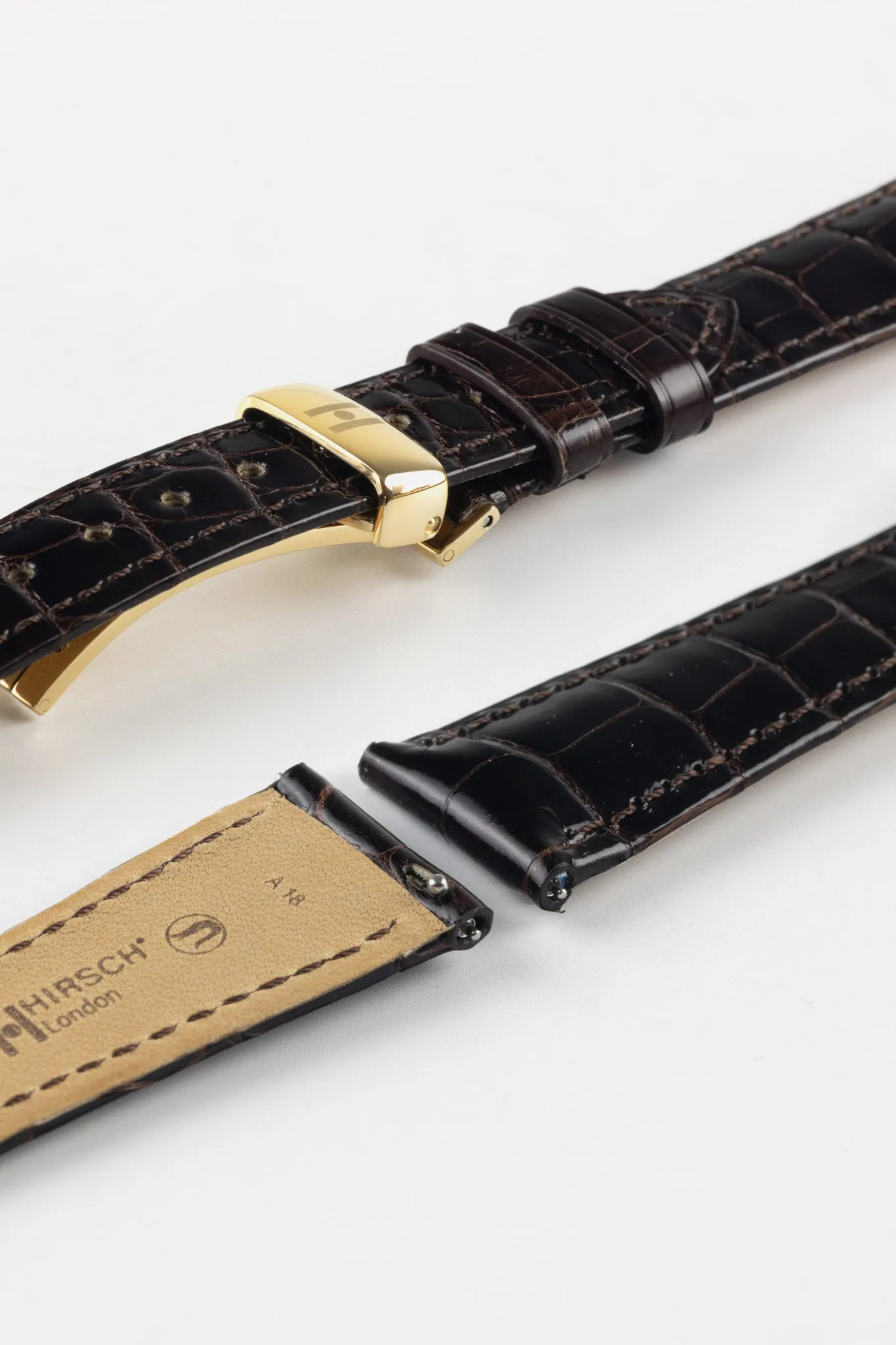 Hirsch LONDON Shiny Alligator Leather Watch Strap in BROWN