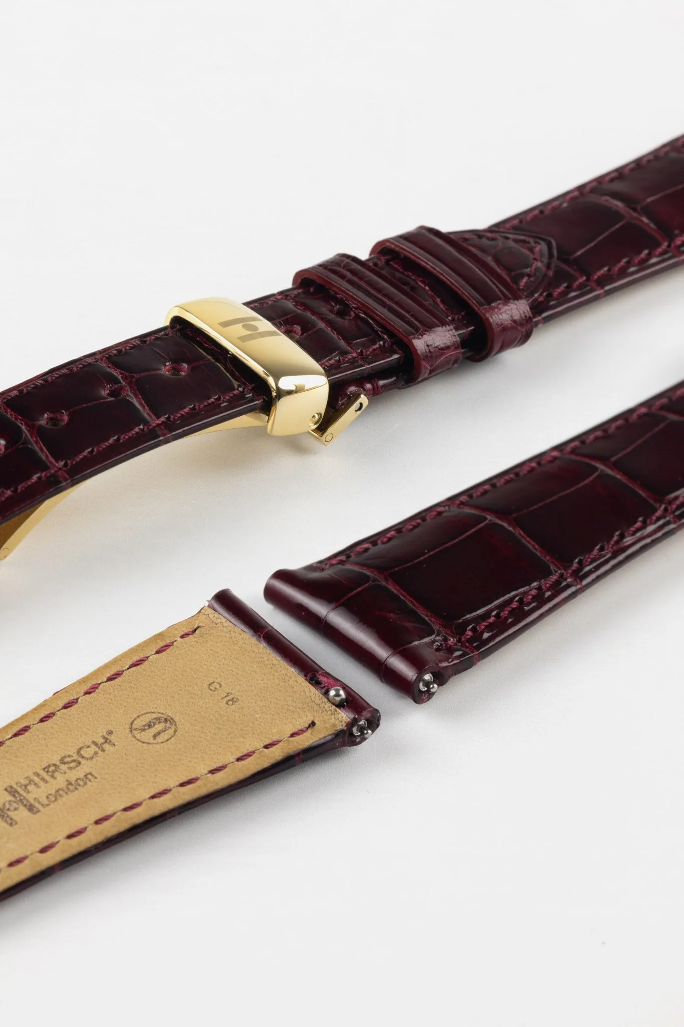 Hirsch LONDON Shiny Alligator Leather Watch Strap in BURGUNDY