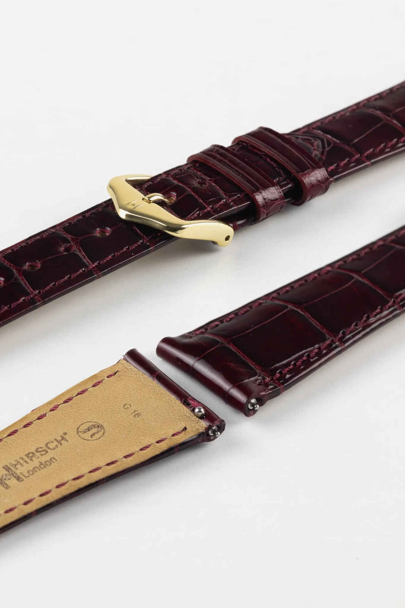 Hirsch LONDON Shiny Alligator Leather Watch Strap in BURGUNDY