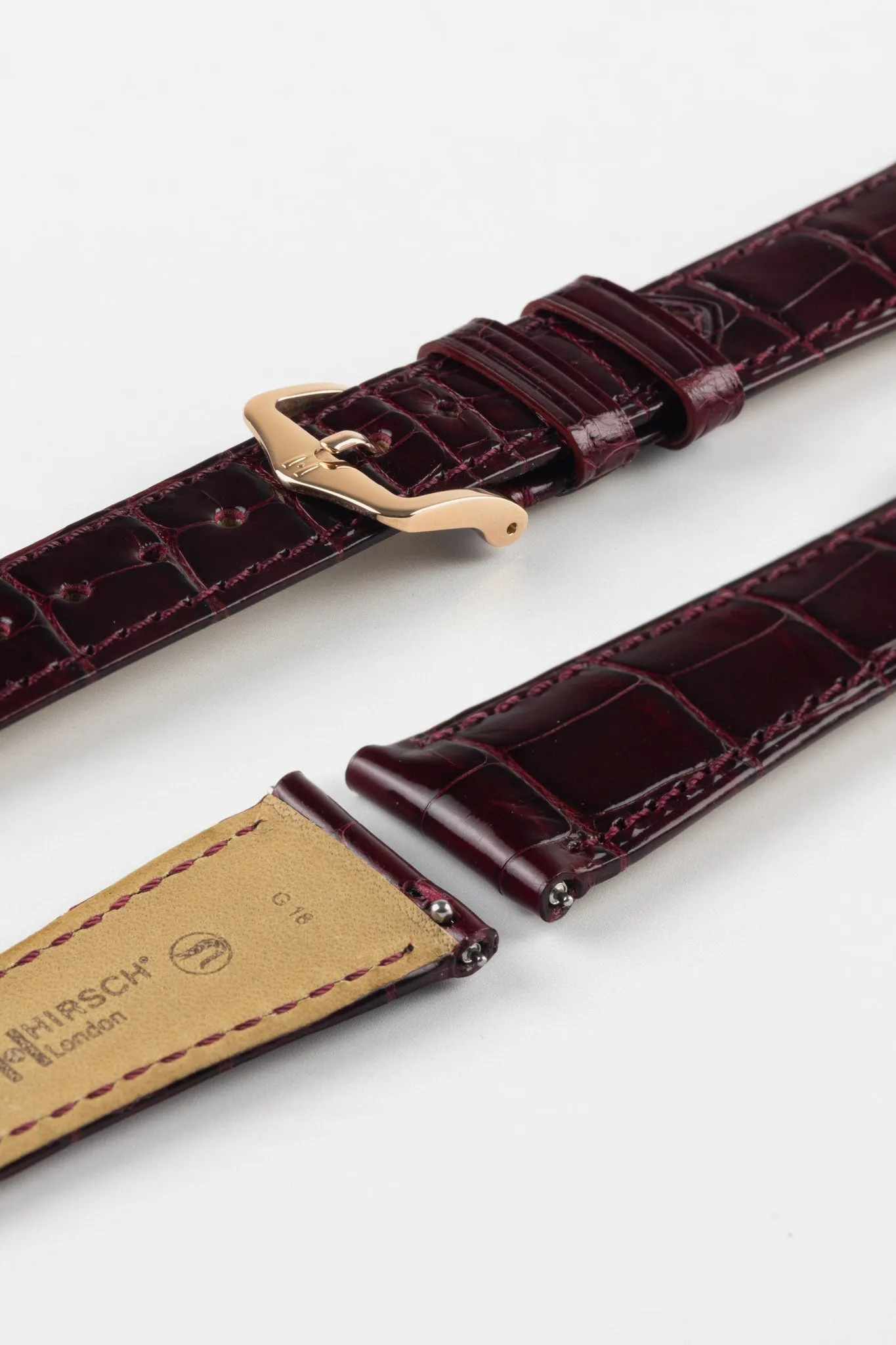 Hirsch LONDON Shiny Alligator Leather Watch Strap in BURGUNDY