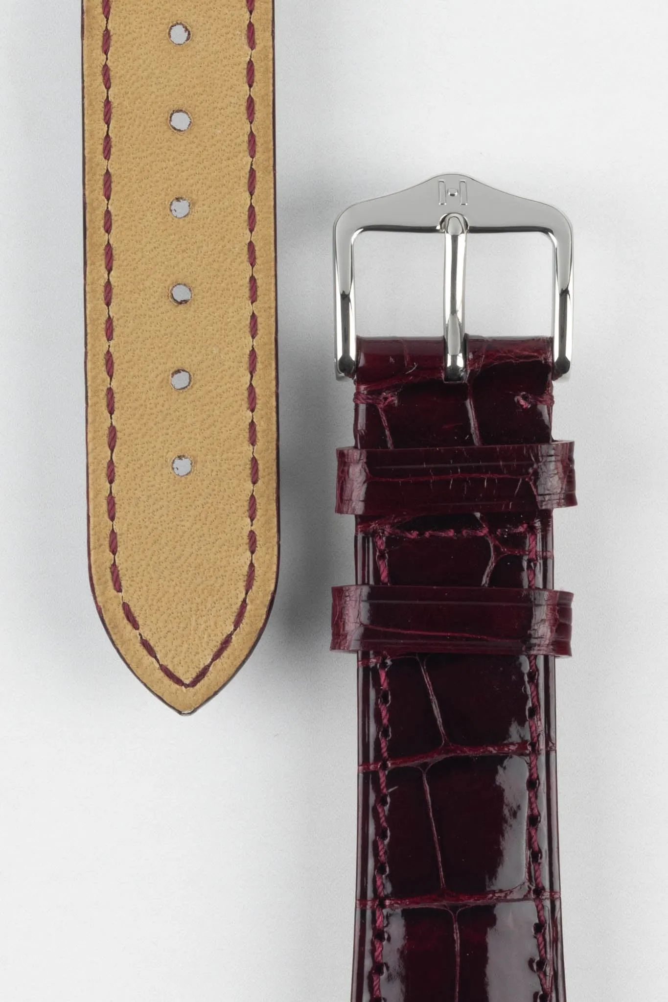 Hirsch LONDON Shiny Alligator Leather Watch Strap in BURGUNDY