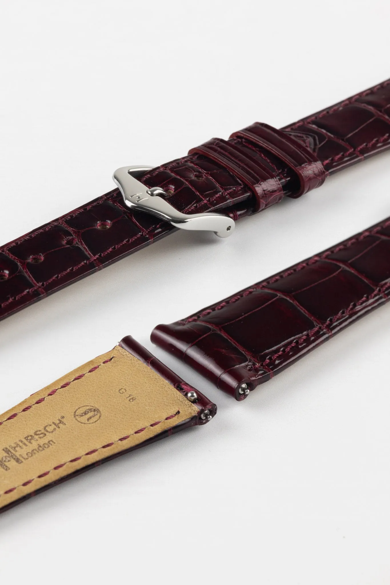 Hirsch LONDON Shiny Alligator Leather Watch Strap in BURGUNDY