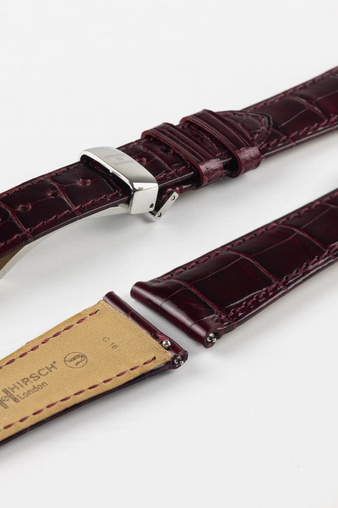 Hirsch LONDON Shiny Alligator Leather Watch Strap in BURGUNDY