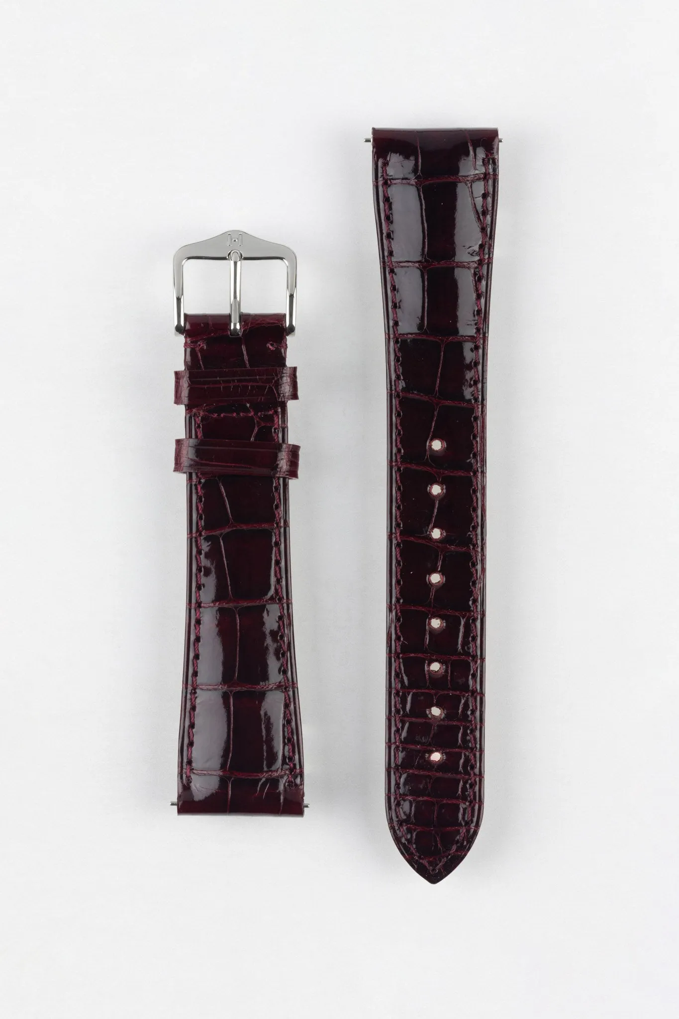 Hirsch LONDON Shiny Alligator Leather Watch Strap in BURGUNDY