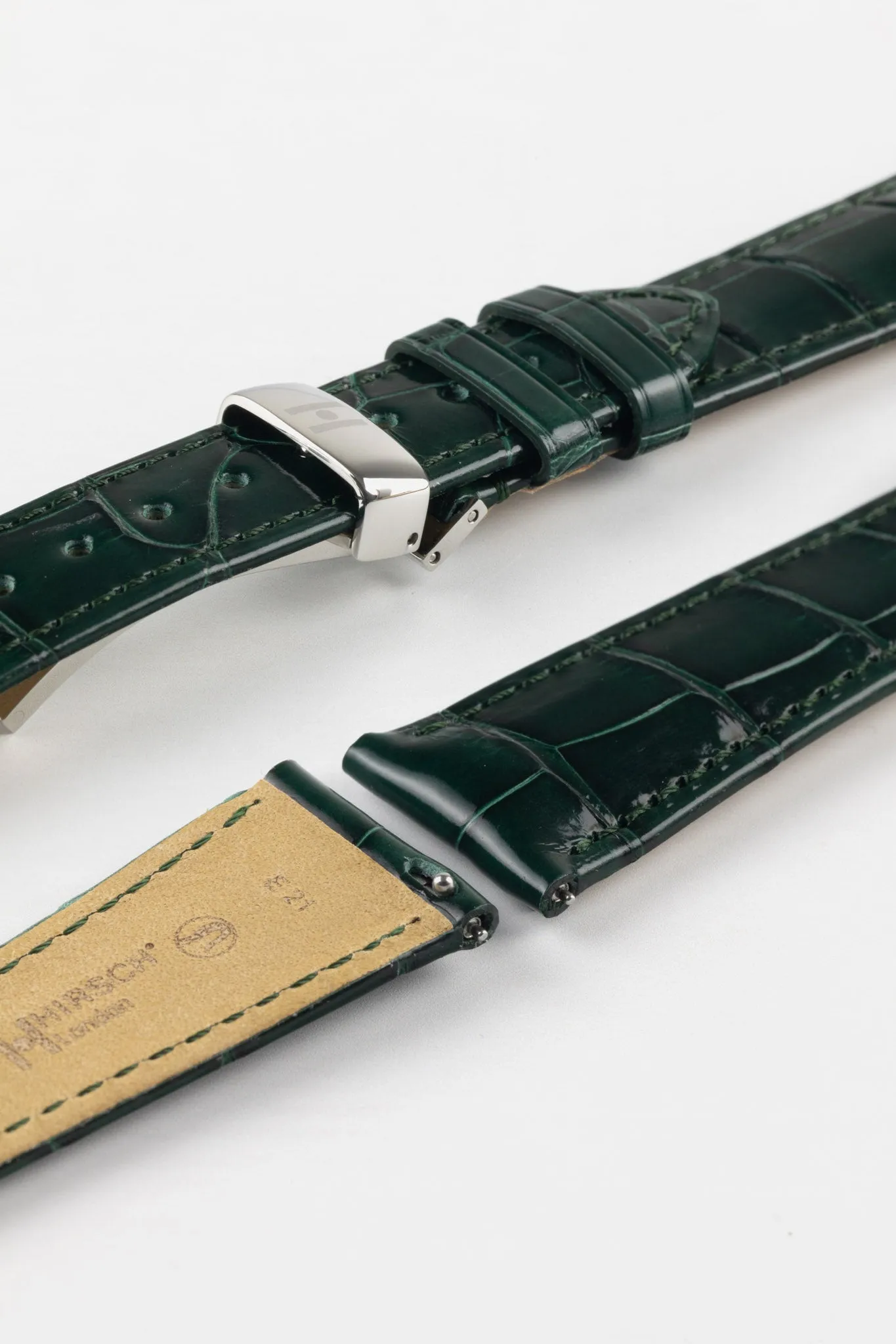 Hirsch LONDON Shiny Alligator Leather Watch Strap in DARK GREEN