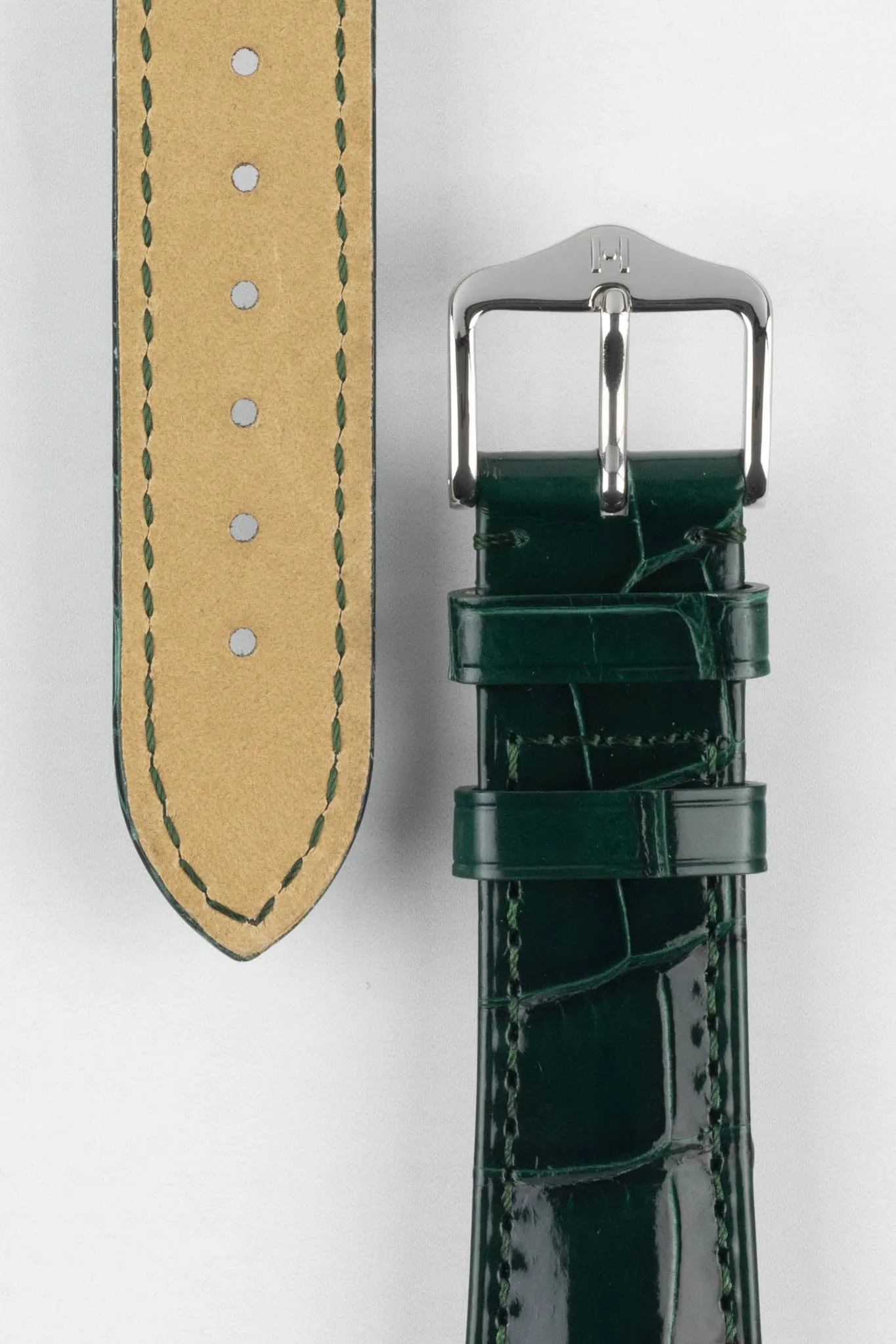 Hirsch LONDON Shiny Alligator Leather Watch Strap in DARK GREEN