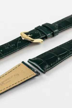 Hirsch LONDON Shiny Alligator Leather Watch Strap in DARK GREEN