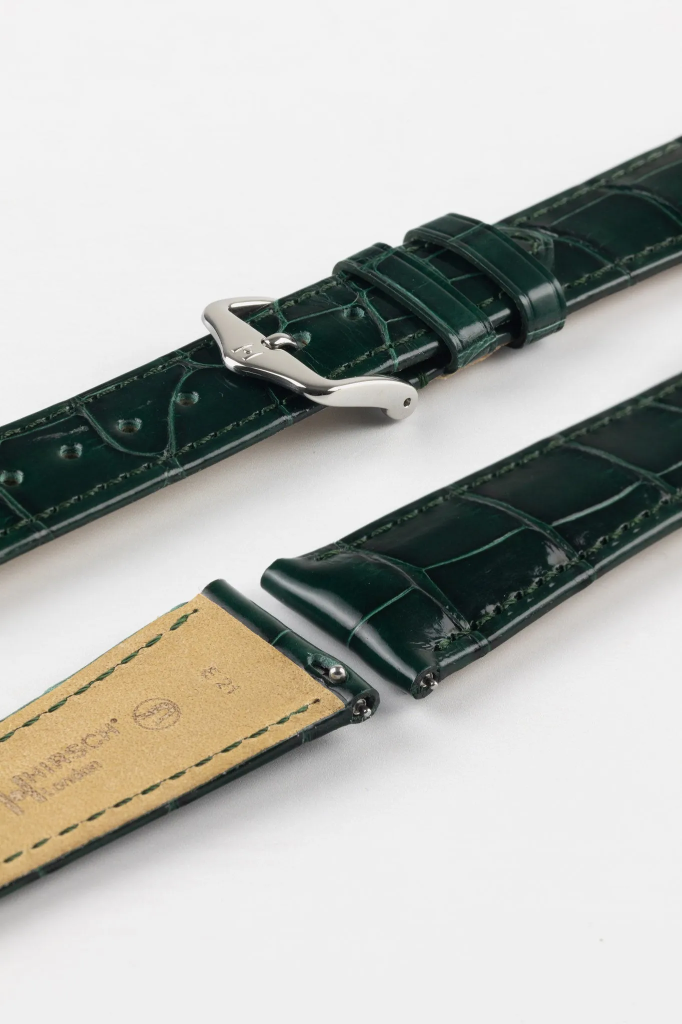Hirsch LONDON Shiny Alligator Leather Watch Strap in DARK GREEN