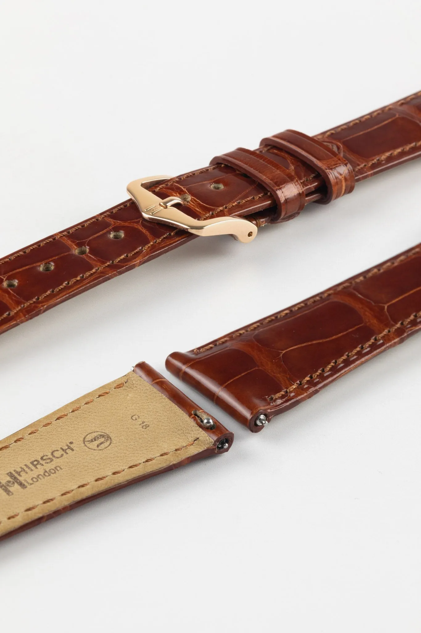 Hirsch LONDON Shiny Alligator Leather Watch Strap in GOLD BROWN