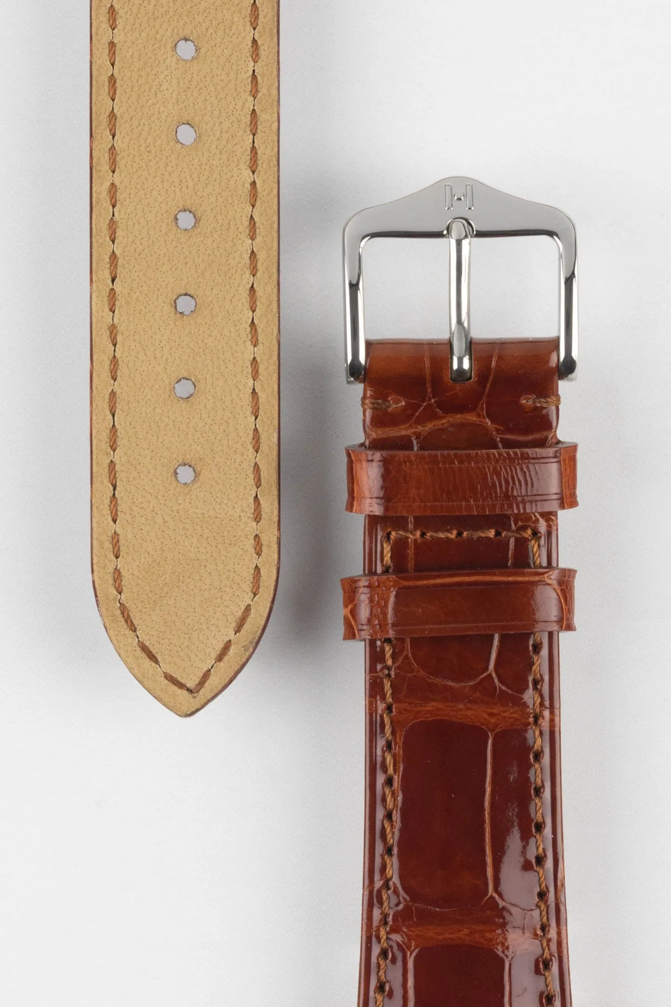 Hirsch LONDON Shiny Alligator Leather Watch Strap in GOLD BROWN