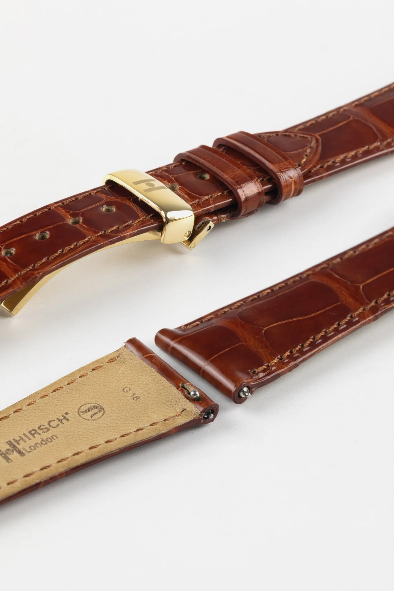 Hirsch LONDON Shiny Alligator Leather Watch Strap in GOLD BROWN