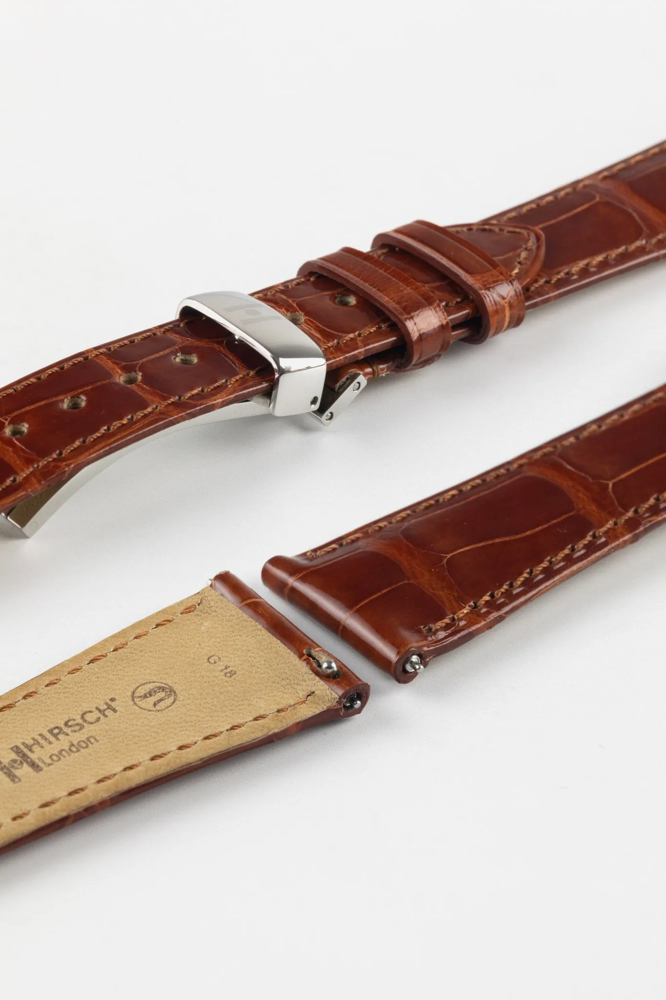 Hirsch LONDON Shiny Alligator Leather Watch Strap in GOLD BROWN