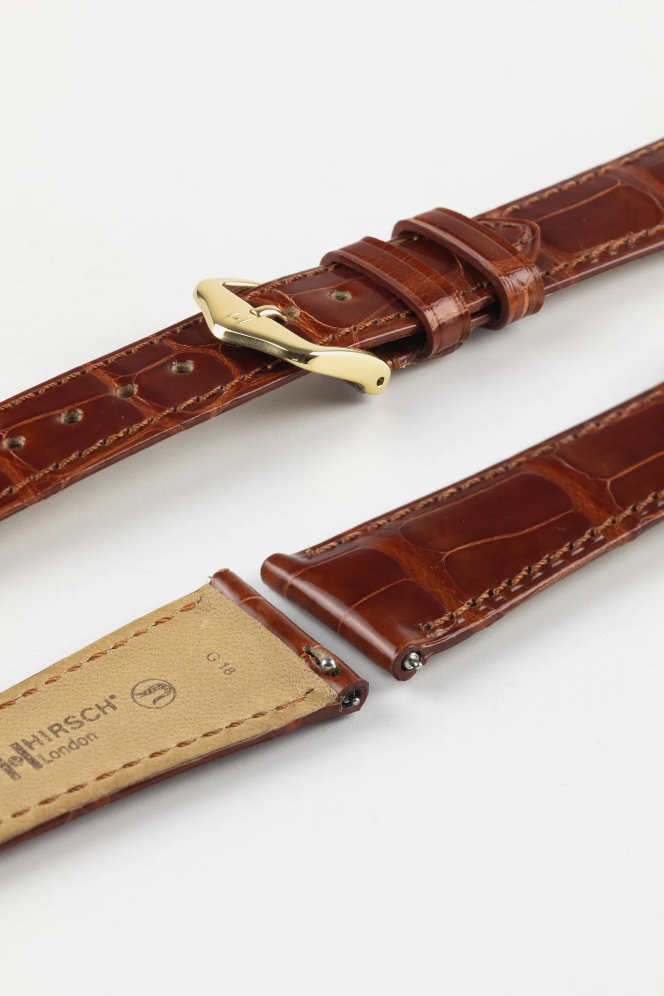 Hirsch LONDON Shiny Alligator Leather Watch Strap in GOLD BROWN