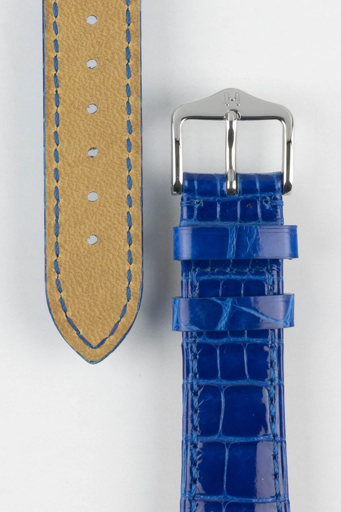 Hirsch LONDON Shiny Alligator Leather Watch Strap in ROYAL BLUE