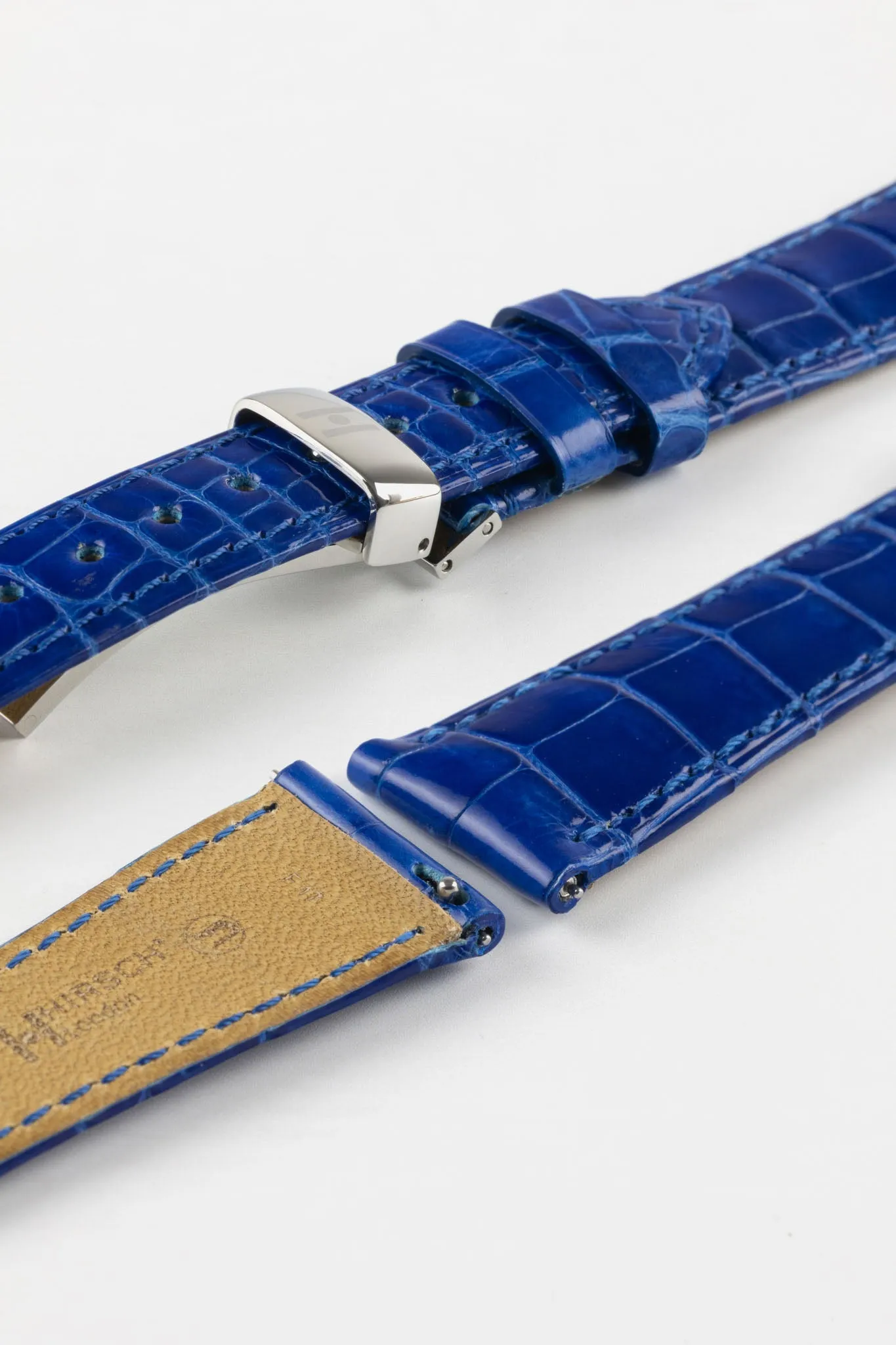Hirsch LONDON Shiny Alligator Leather Watch Strap in ROYAL BLUE