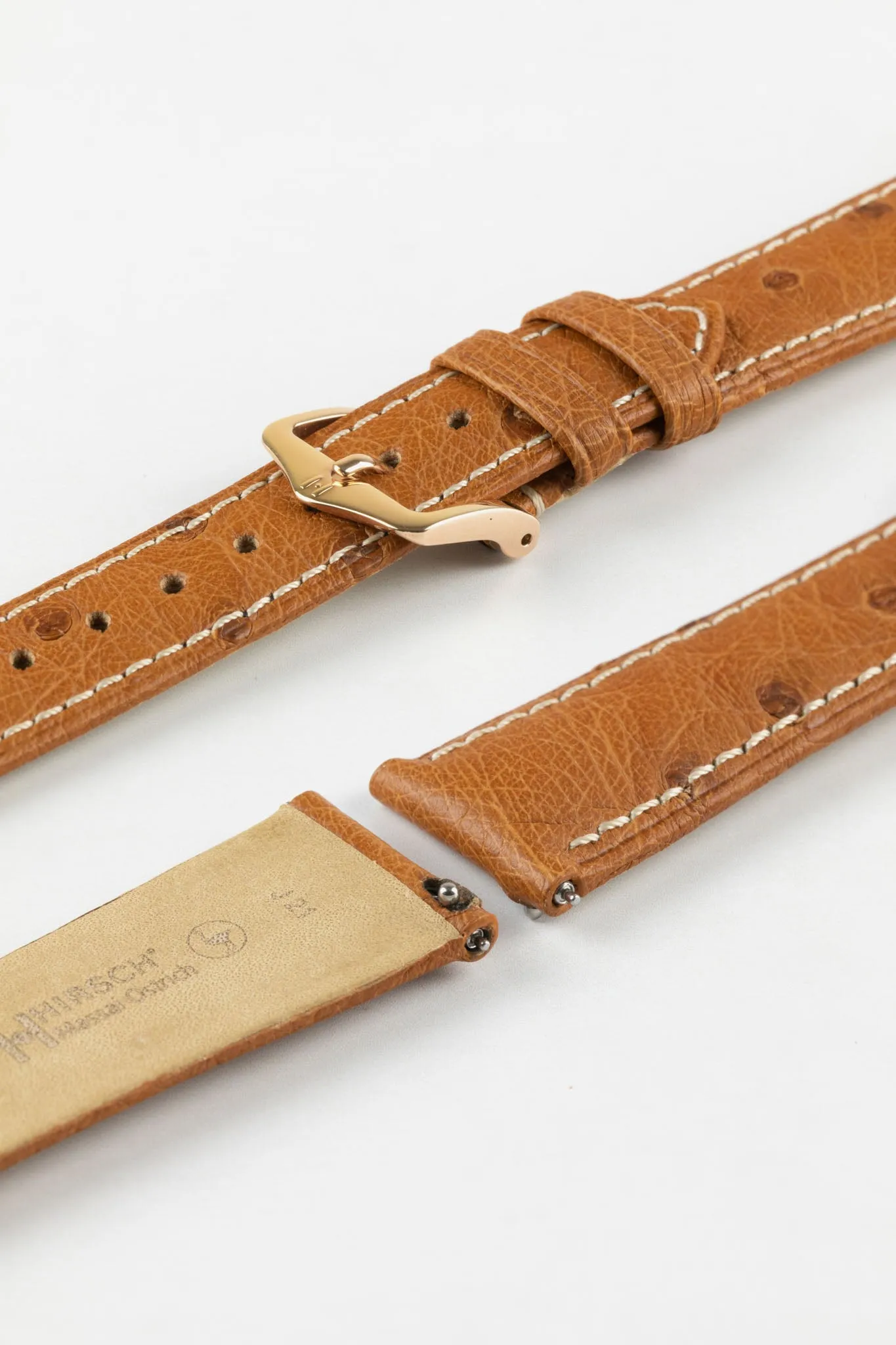 Hirsch MASSAI OSTRICH Leather Watch Strap in GOLD BROWN With WHITE Stitching