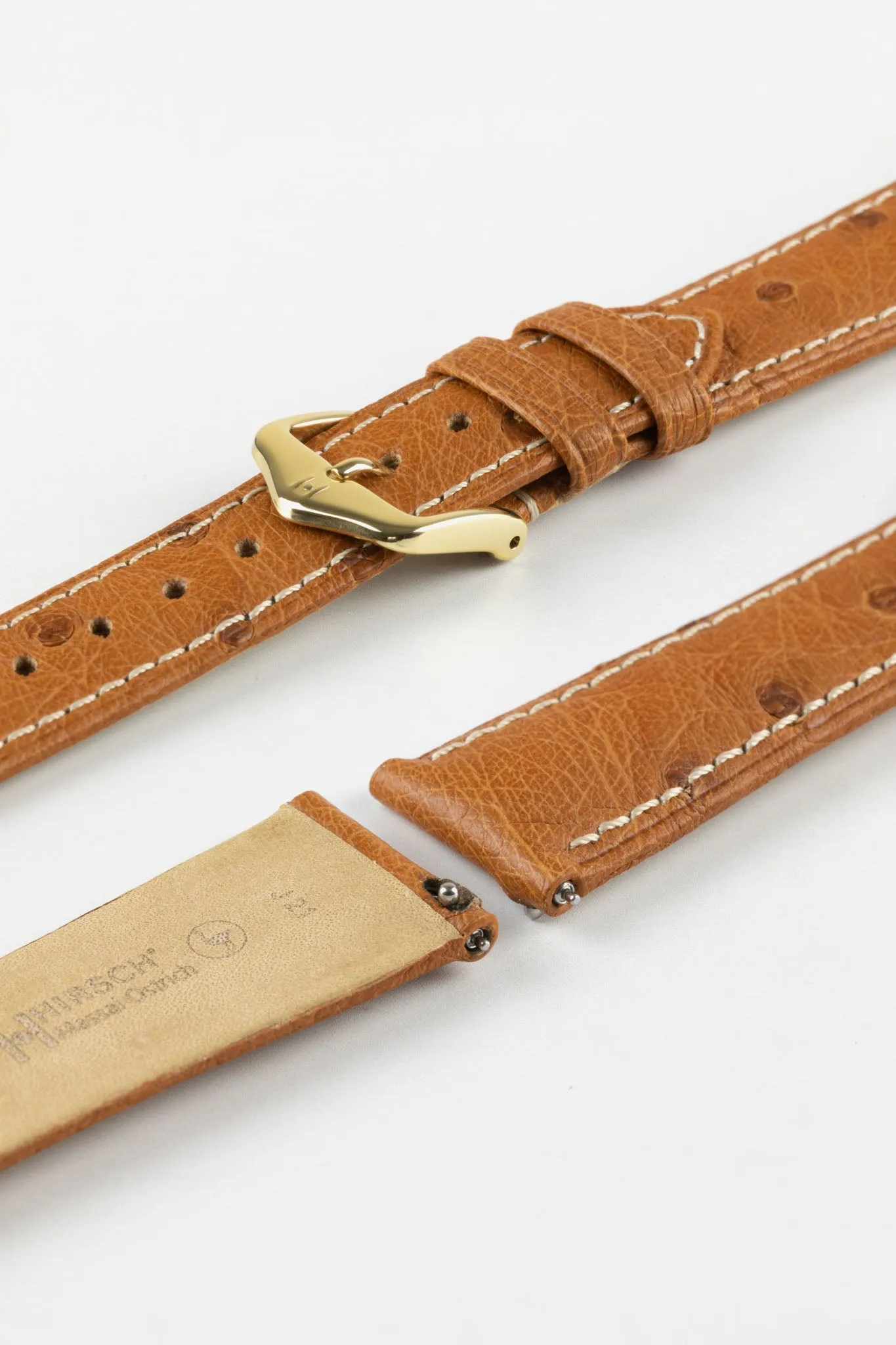 Hirsch MASSAI OSTRICH Leather Watch Strap in GOLD BROWN With WHITE Stitching