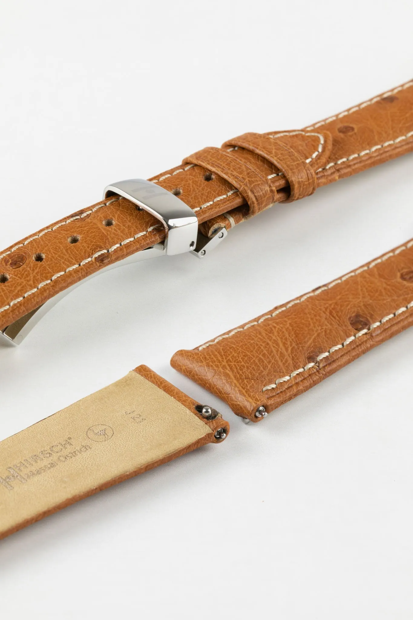 Hirsch MASSAI OSTRICH Leather Watch Strap in GOLD BROWN With WHITE Stitching