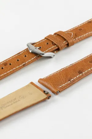 Hirsch MASSAI OSTRICH Leather Watch Strap in GOLD BROWN With WHITE Stitching