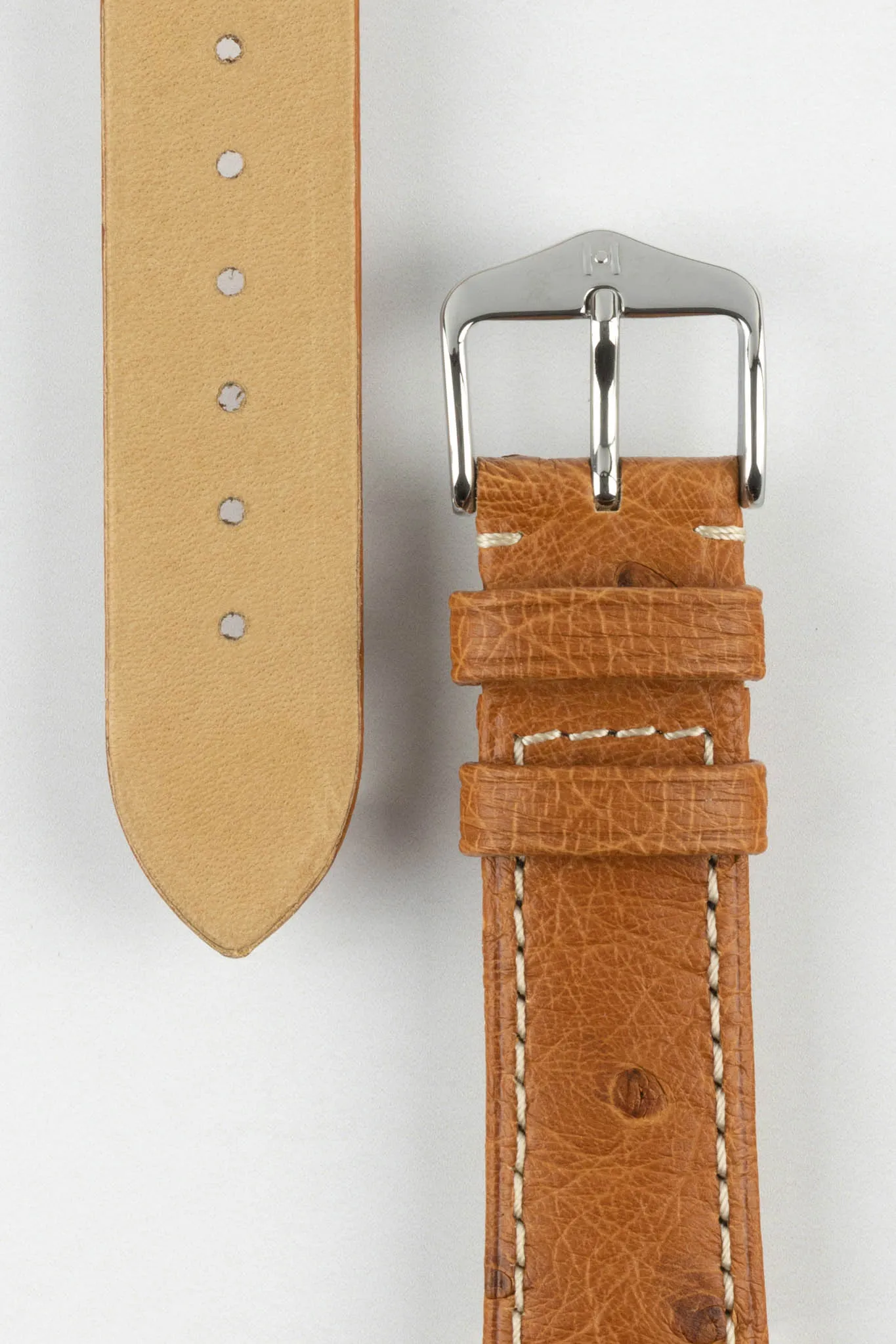 Hirsch MASSAI OSTRICH Leather Watch Strap in GOLD BROWN With WHITE Stitching