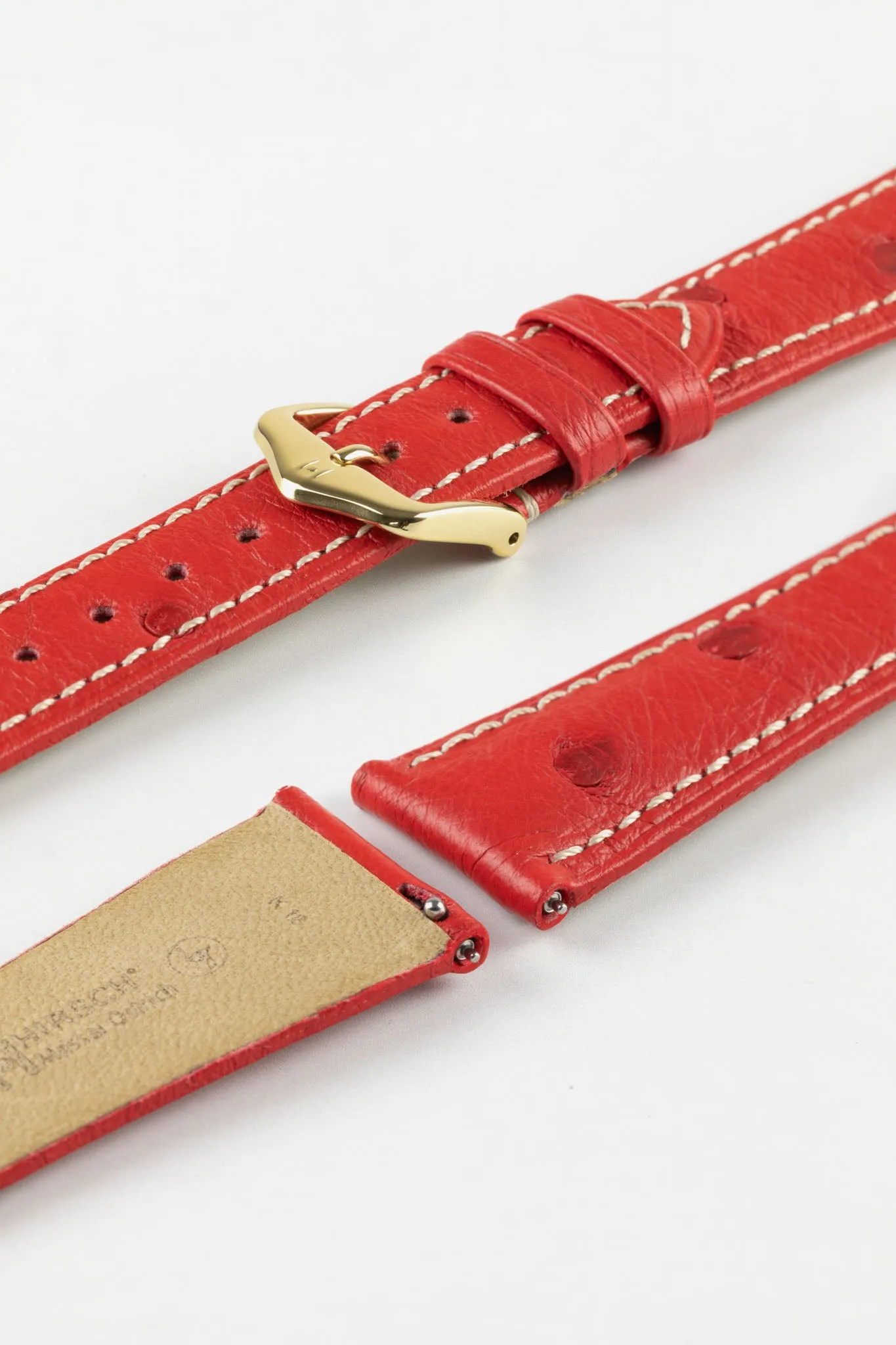 Hirsch MASSAI OSTRICH Leather Watch Strap in RED With WHITE Stitching