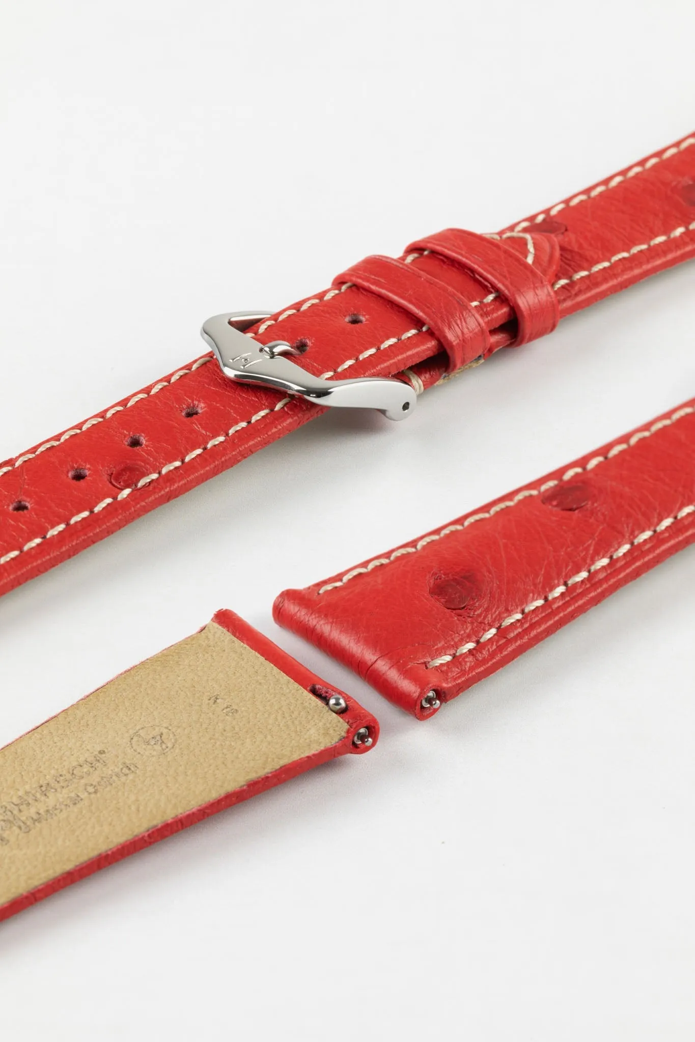 Hirsch MASSAI OSTRICH Leather Watch Strap in RED With WHITE Stitching