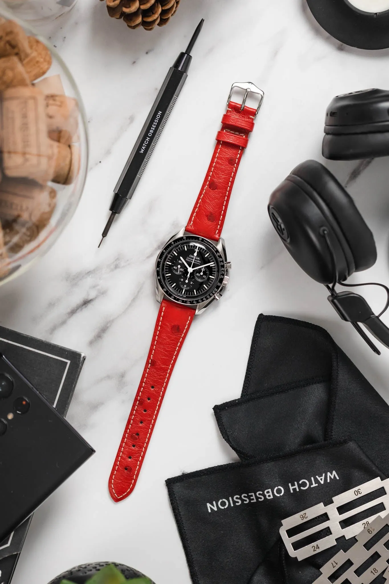 Hirsch MASSAI OSTRICH Leather Watch Strap in RED With WHITE Stitching