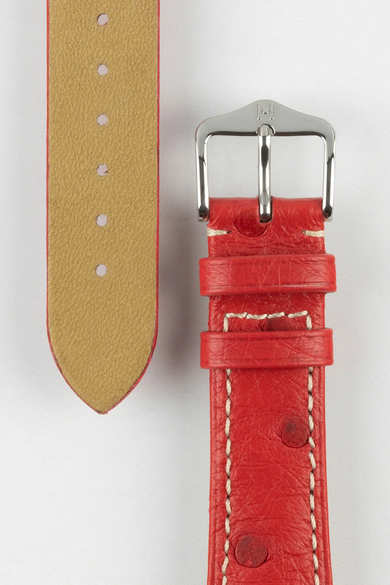Hirsch MASSAI OSTRICH Leather Watch Strap in RED With WHITE Stitching