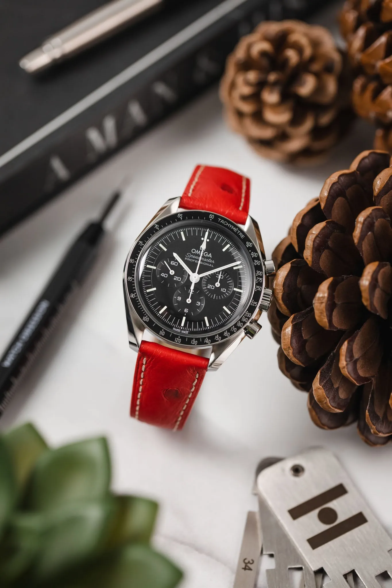 Hirsch MASSAI OSTRICH Leather Watch Strap in RED With WHITE Stitching