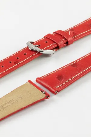 Hirsch MASSAI OSTRICH Leather Watch Strap in RED With WHITE Stitching