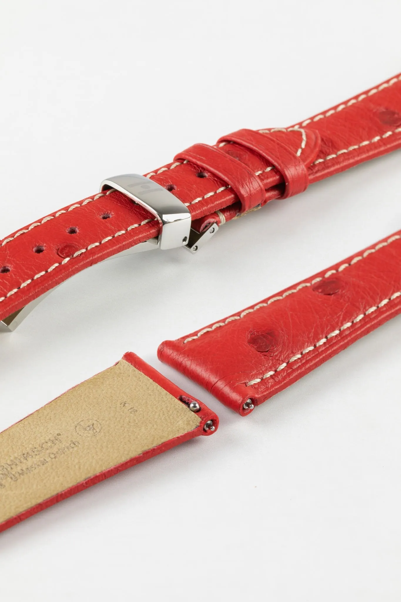 Hirsch MASSAI OSTRICH Leather Watch Strap in RED With WHITE Stitching