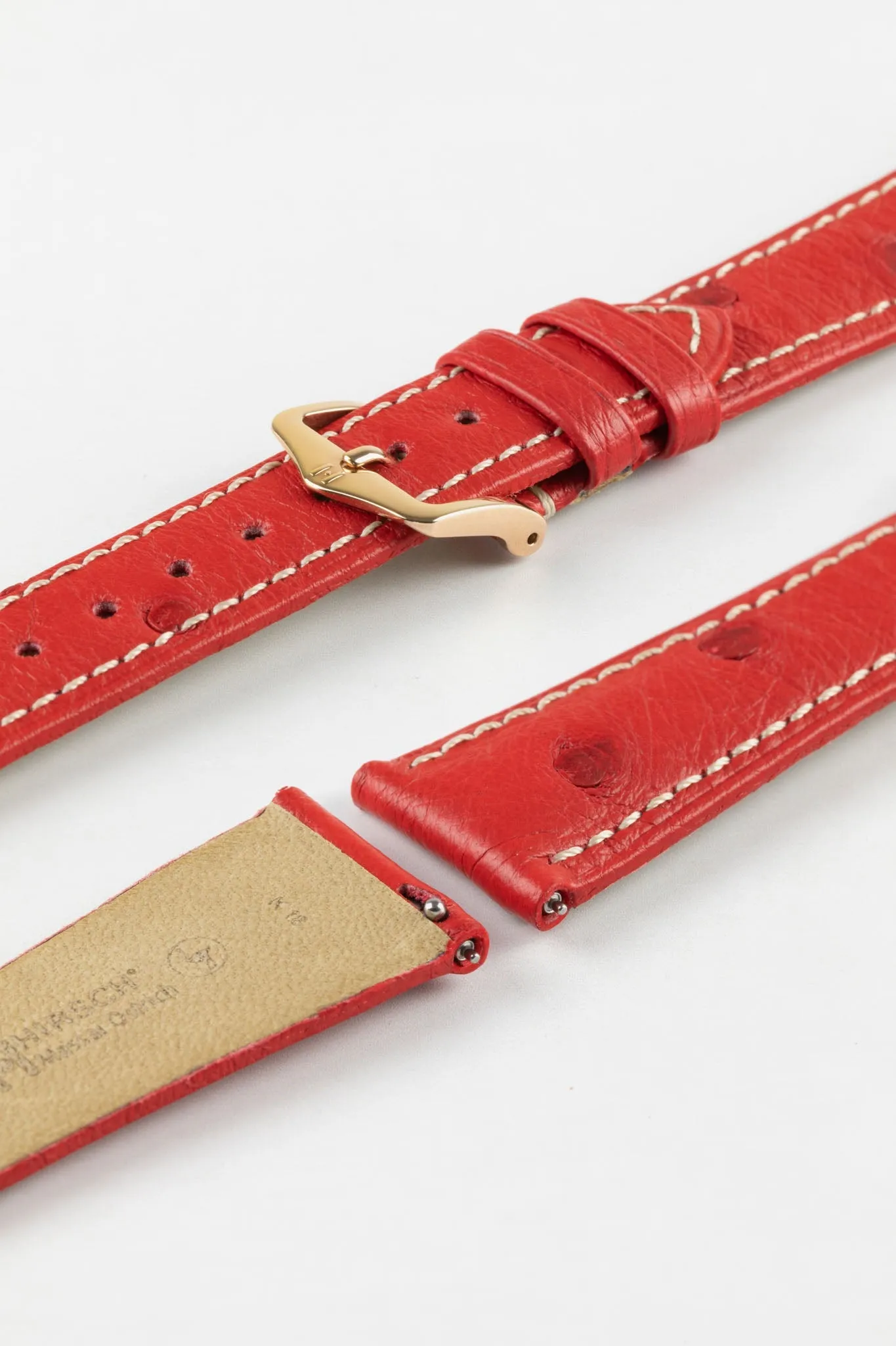 Hirsch MASSAI OSTRICH Leather Watch Strap in RED With WHITE Stitching