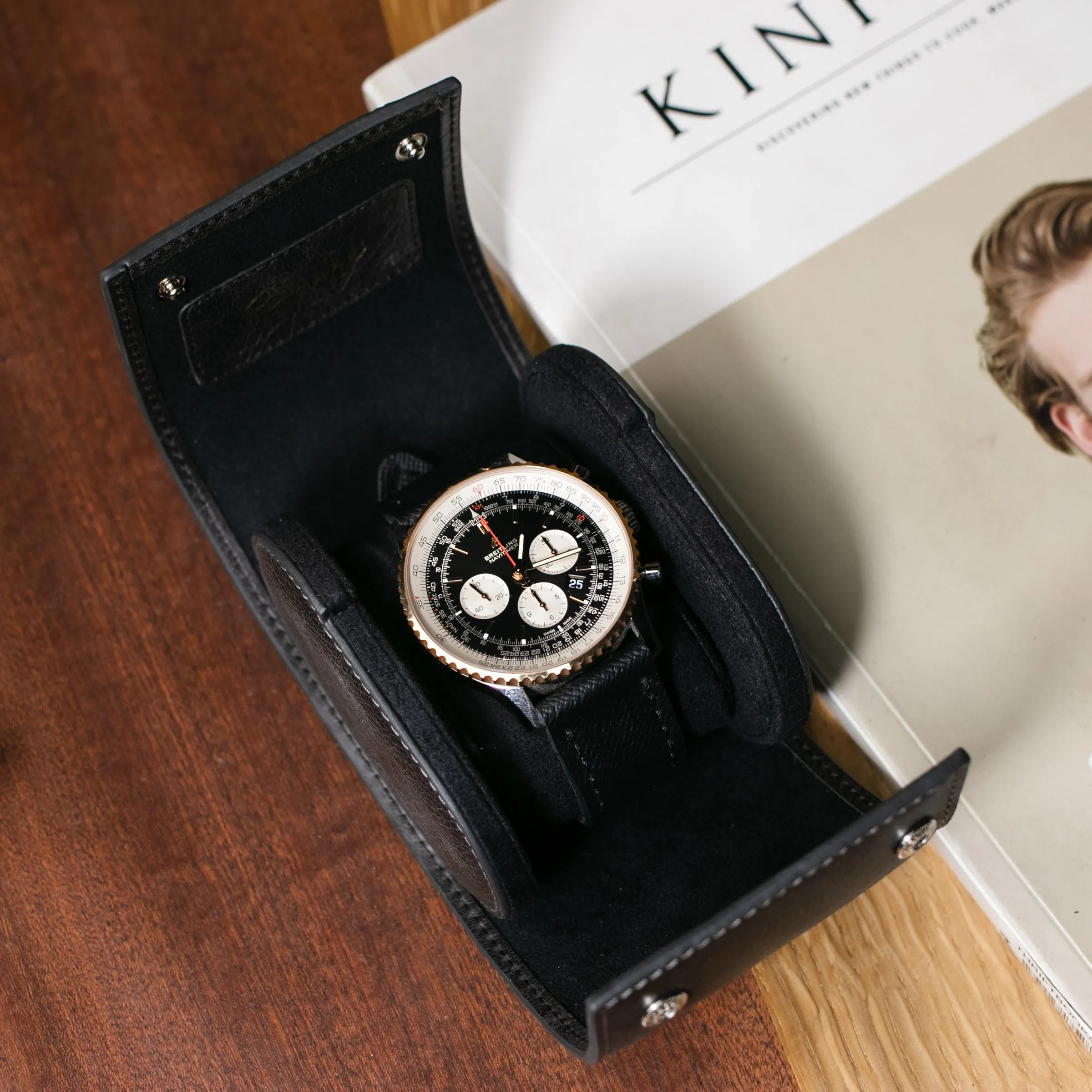 Leather Travel Watch Case - Coal - Single Watch Roll