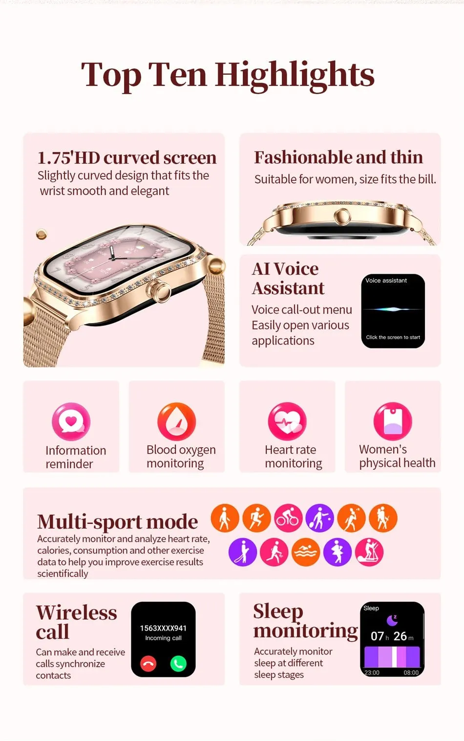LIGE Smart Watches for Women Waterproof Bluetooth Call Fitness Tracker Smartwatch Mujer Digital Womens Watch Heart Rate Monitor