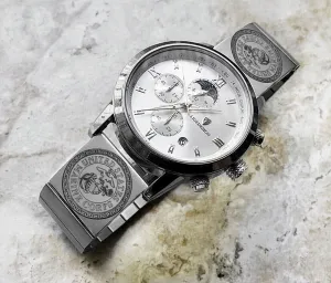 Marine Corps Engraved Watch Band for 22mm 24mm 25mm Lugs Traditional Casual Luxury and Smartwatches Silver Color Stainless Steel Bracelet Strap MC1