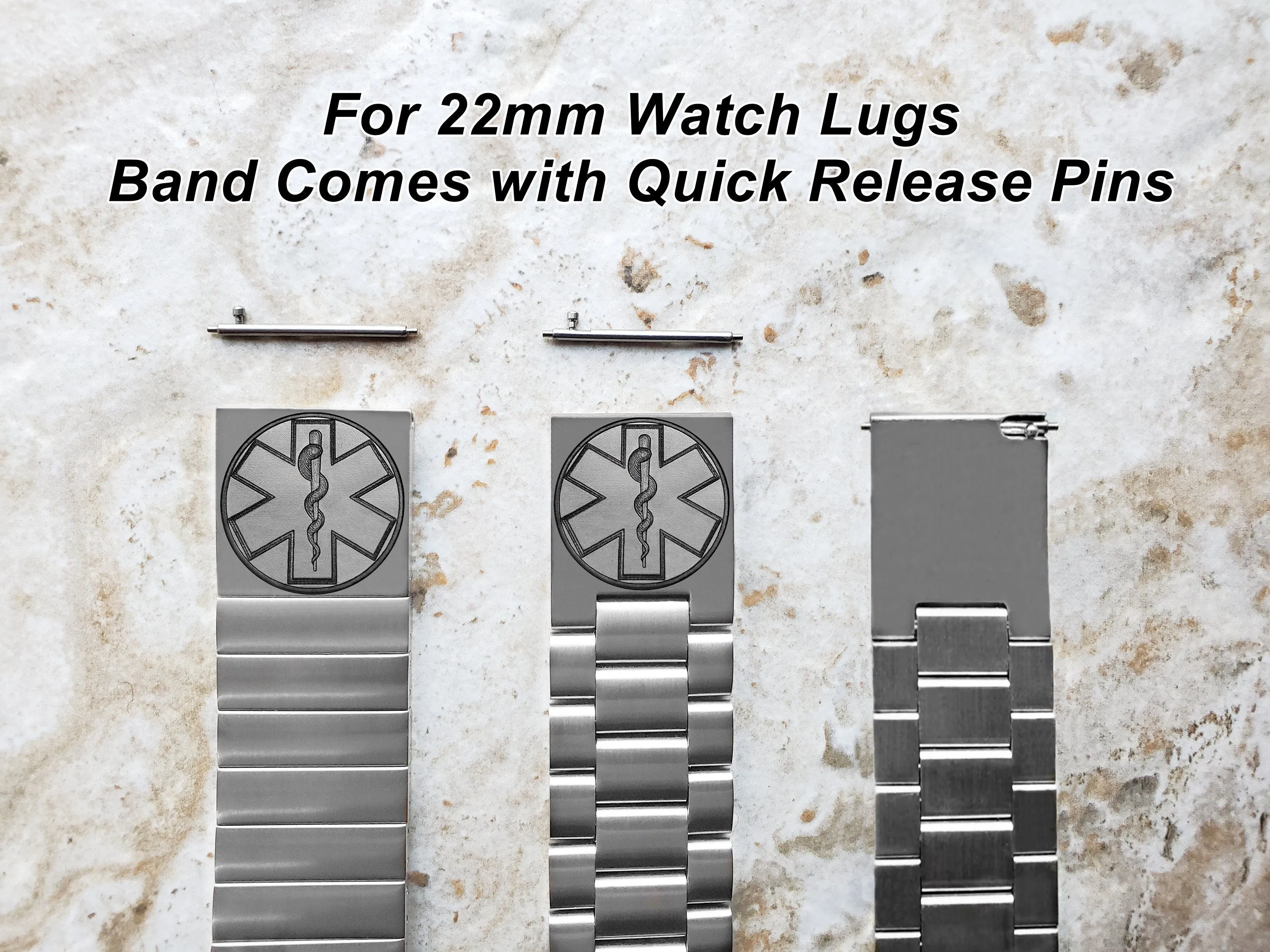 Medical Seal Engraved Watch Band for 22mm 24mm 25mm Lugs Traditional Casual Luxury and Smartwatches Silver Color Stainless Steel Strap Bracelet MS2