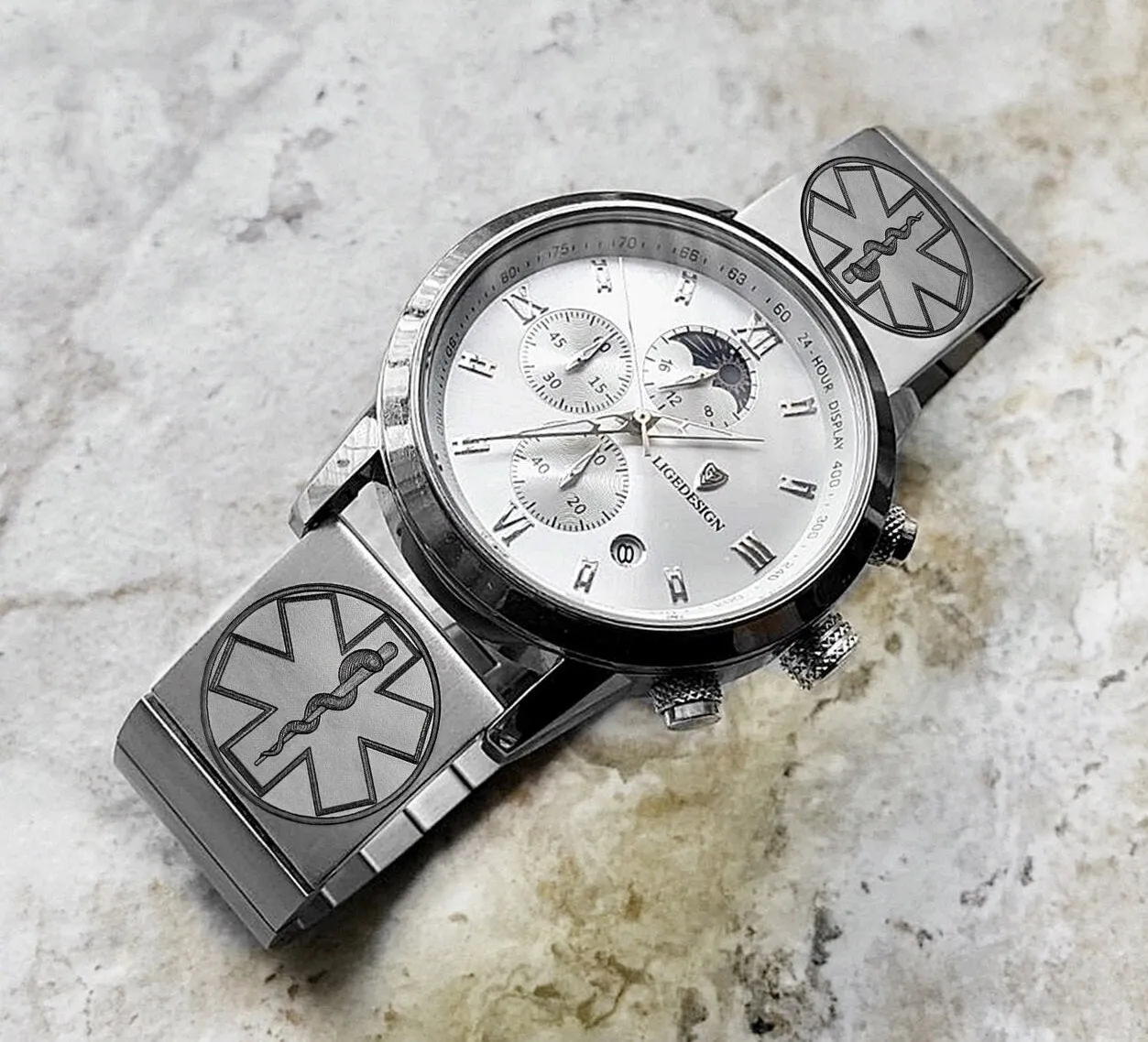 Medical Seal Engraved Watch Band for 22mm 24mm 25mm Lugs Traditional Casual Luxury and Smartwatches Silver Color Stainless Steel Strap Bracelet MS2