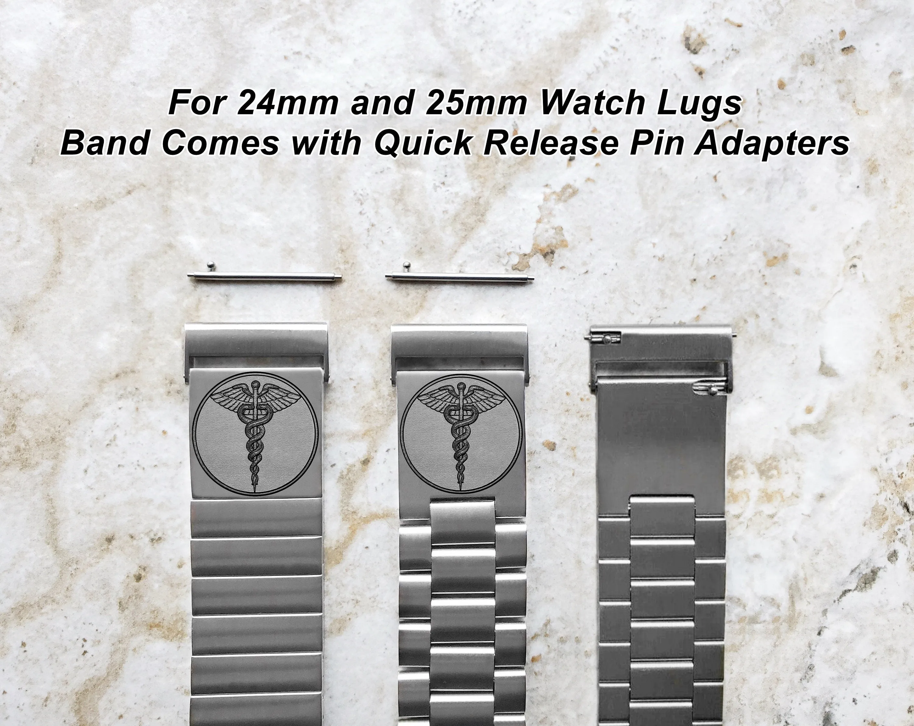 Medical Symbol Engraved Watch Band for 22mm 24mm 25mm Lugs Traditional Casual Luxury and Smartwatches Silver Color Stainless Steel Strap Bracelet MS1