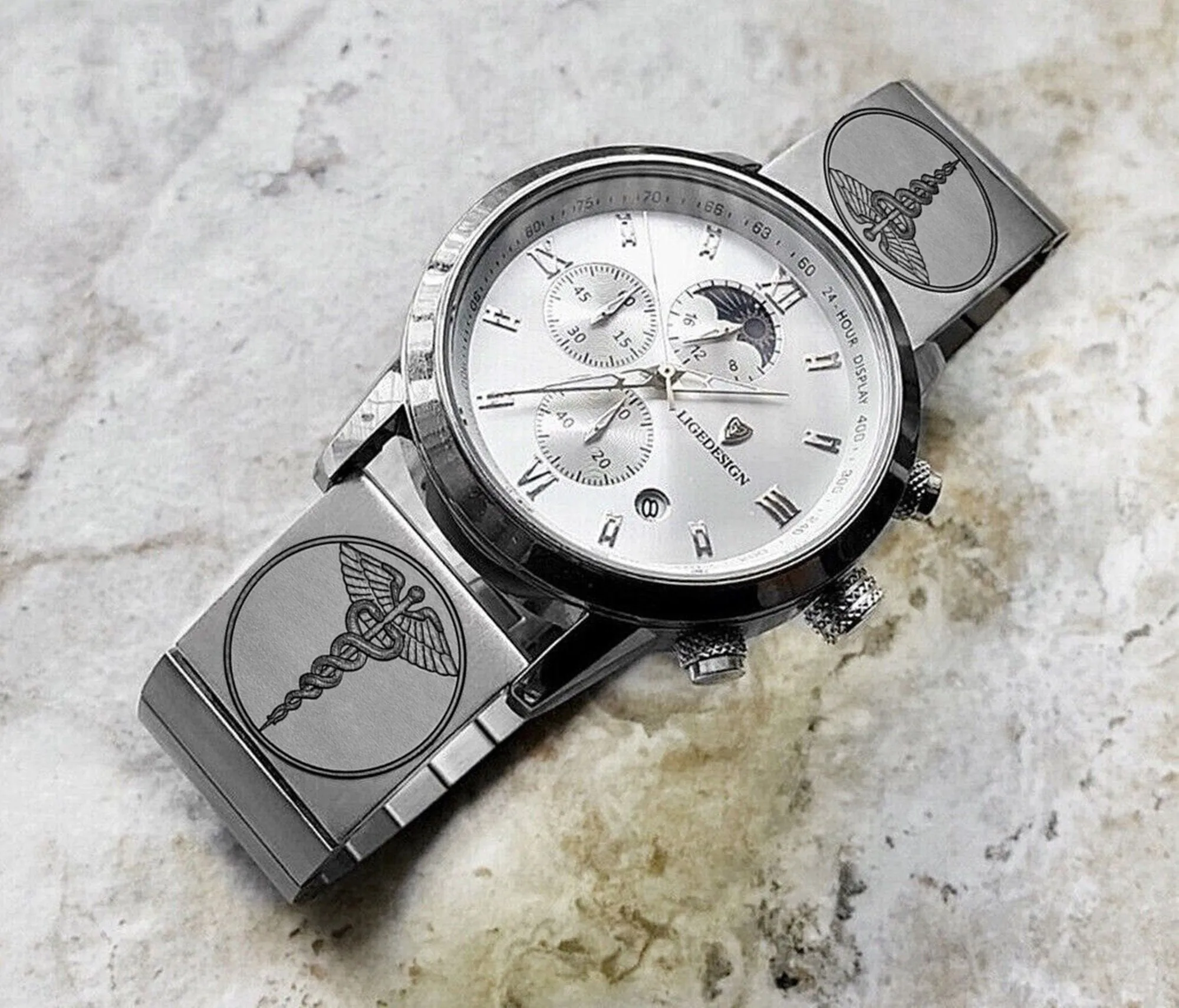 Medical Symbol Engraved Watch Band for 22mm 24mm 25mm Lugs Traditional Casual Luxury and Smartwatches Silver Color Stainless Steel Strap Bracelet MS1
