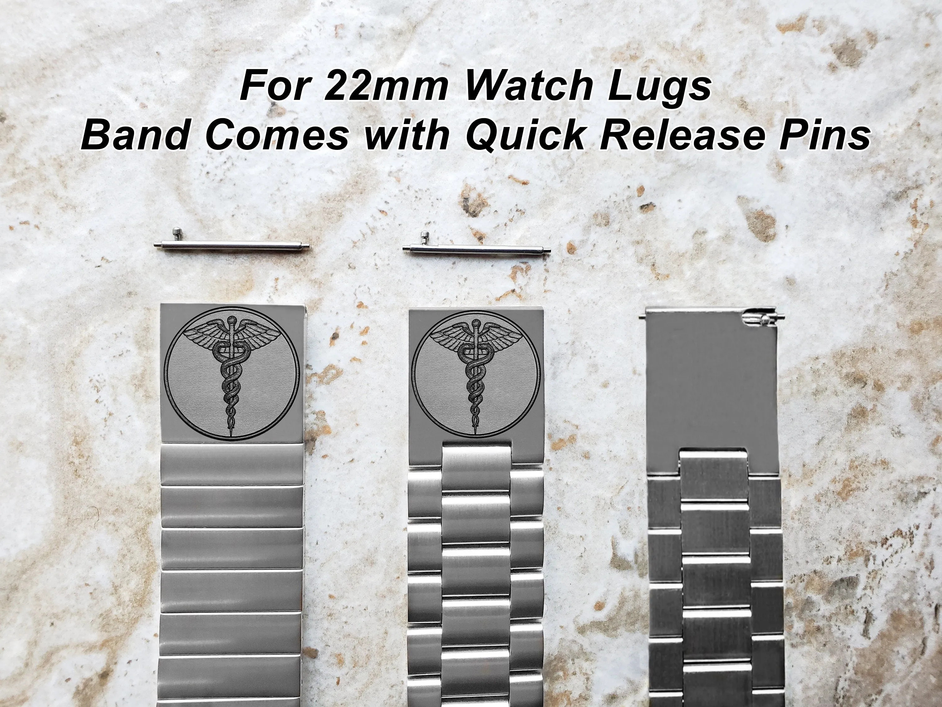 Medical Symbol Engraved Watch Band for 22mm 24mm 25mm Lugs Traditional Casual Luxury and Smartwatches Silver Color Stainless Steel Strap Bracelet MS1