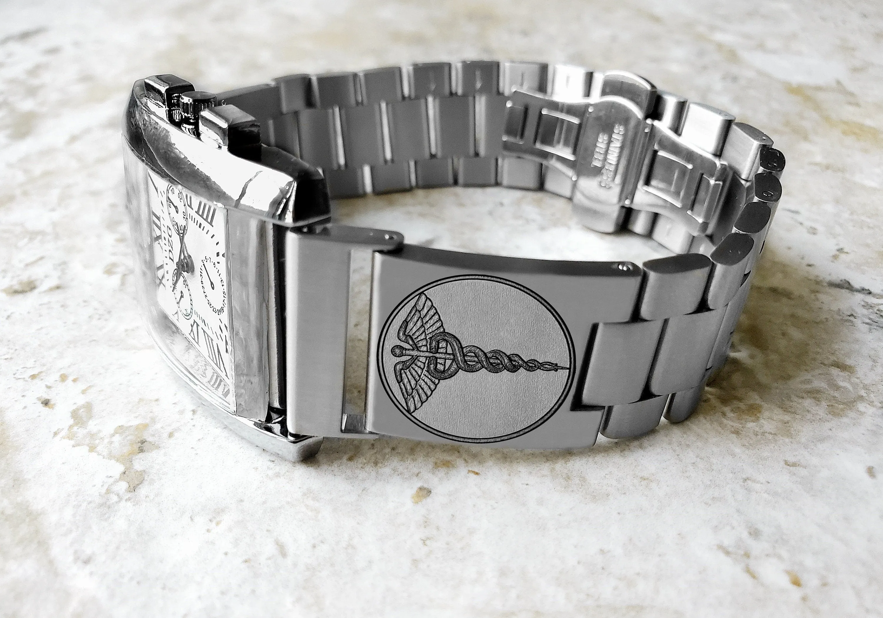 Medical Symbol Engraved Watch Band for 22mm 24mm 25mm Lugs Traditional Casual Luxury and Smartwatches Silver Color Stainless Steel Strap Bracelet MS1