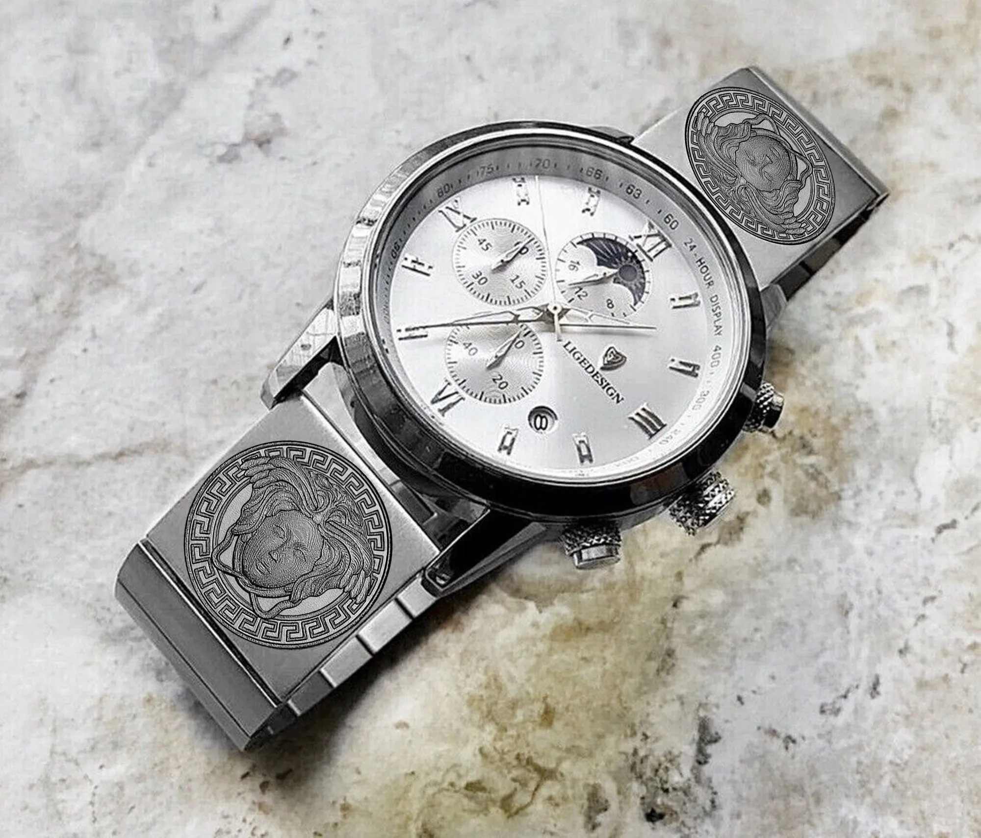 Medusa Head Engraved Watch Band for 22mm 24mm 25mm Lugs Traditional Casual Luxury and Smartwatches Silver Color Stainless Steel Bracelet Strap N13