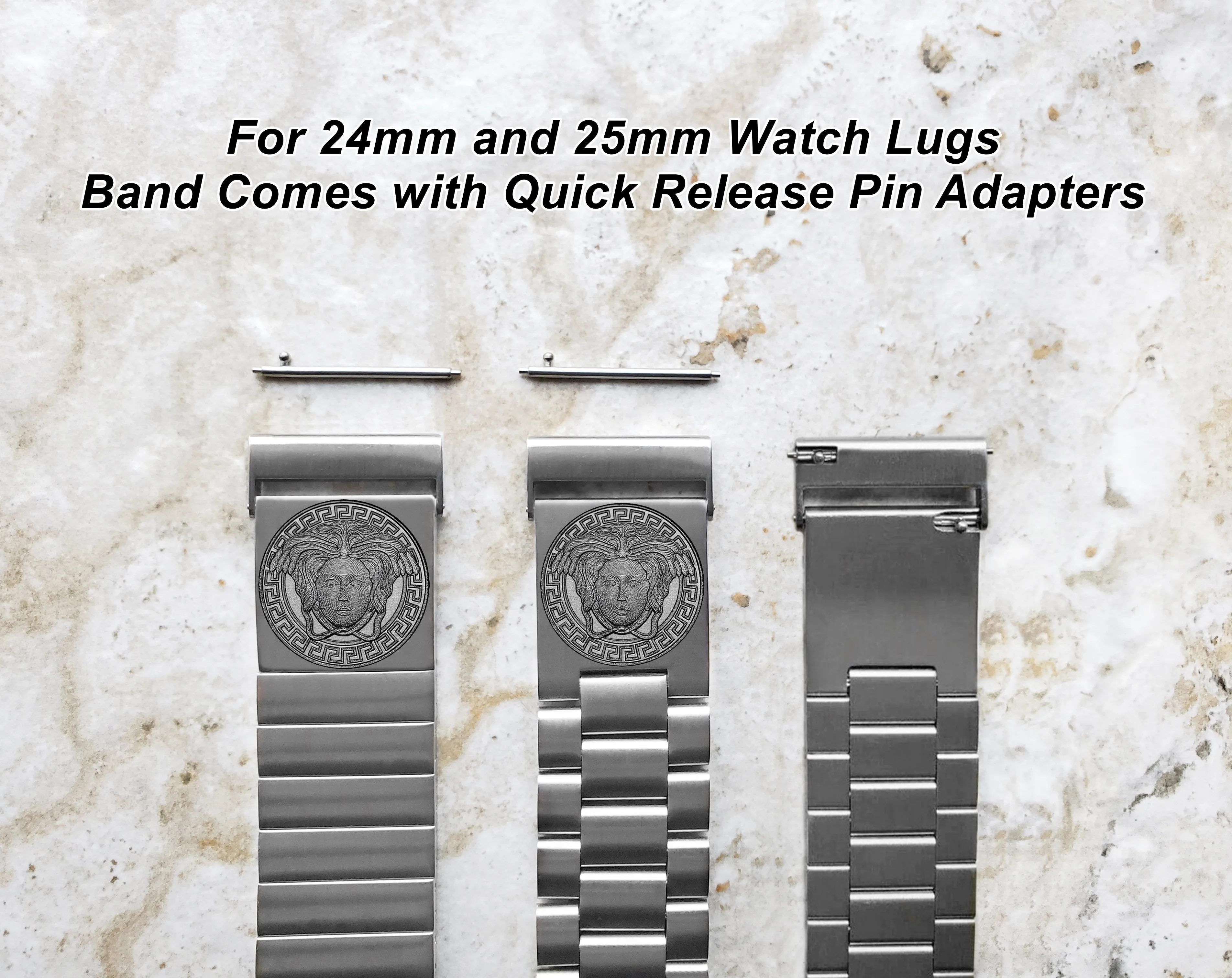 Medusa Head Engraved Watch Band for 22mm 24mm 25mm Lugs Traditional Casual Luxury and Smartwatches Silver Color Stainless Steel Bracelet Strap N13