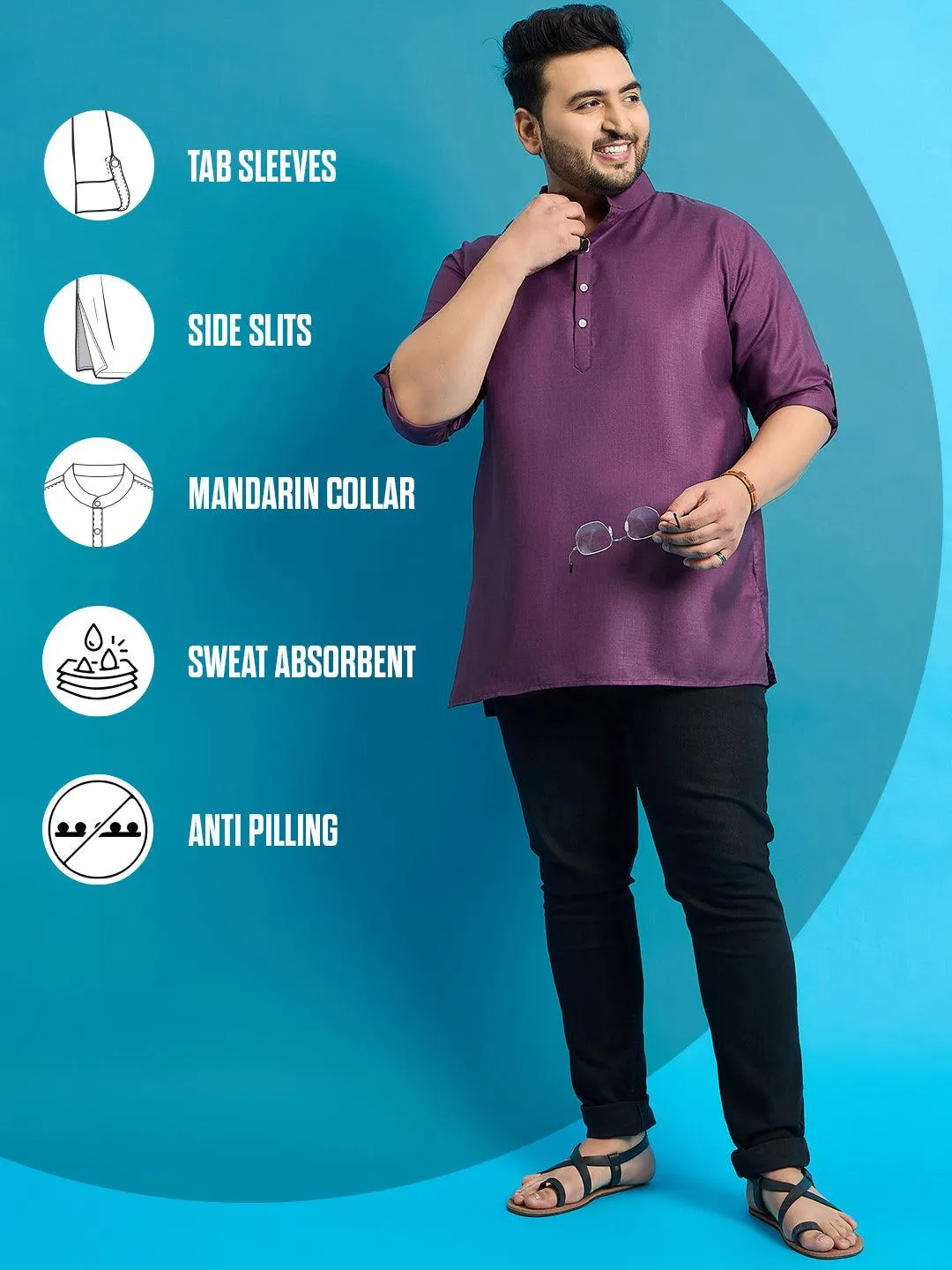 Men Plus Size Pollan-Purple Solid Short Kurta